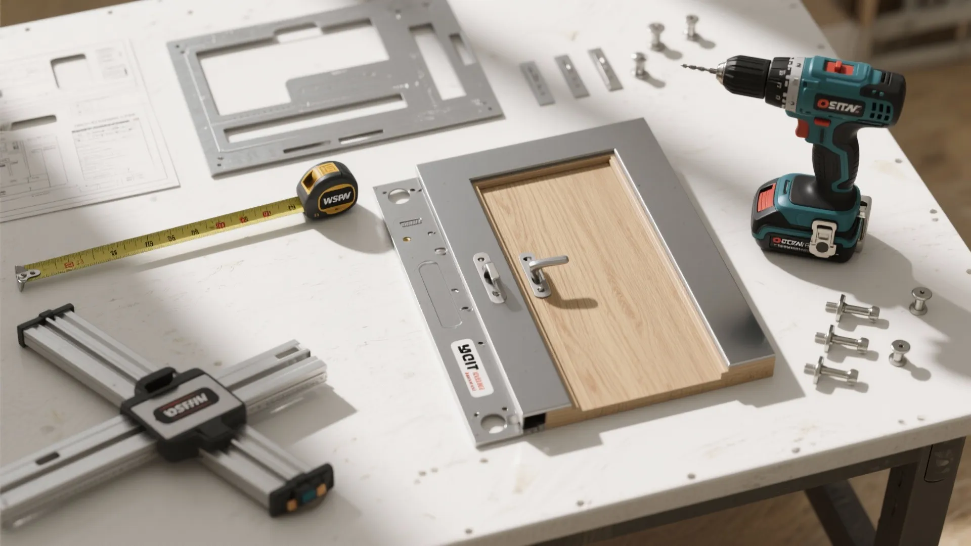 Cabinet door installation tools with power drill tape measure screws and metal templates on white table