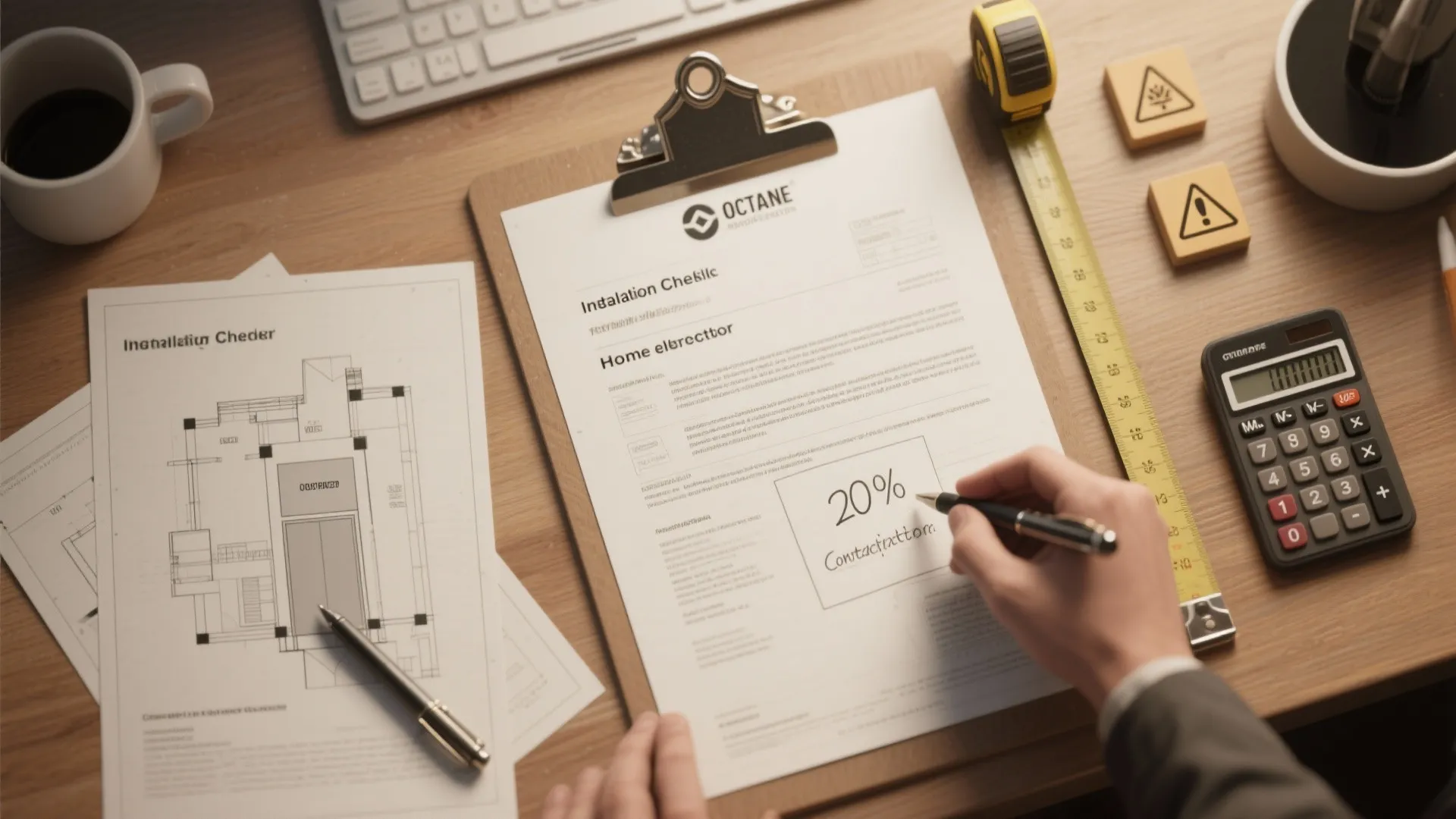 Person writing on a home checklist with interior design drawing tape measure and calculator nearby