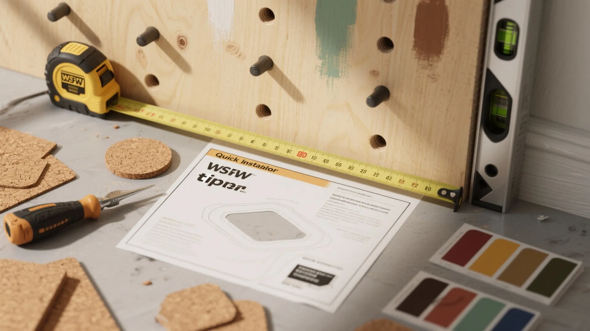 Yellow tape measure level screwdriver and color palette on floor with paper instructions and cork