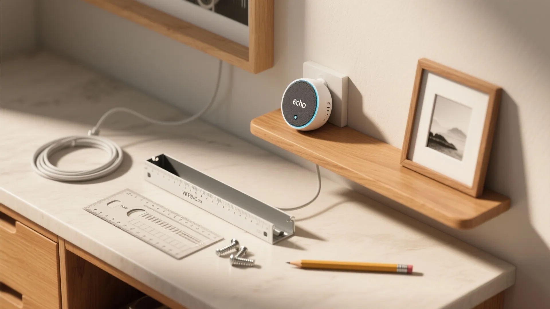Flatlay of affordable mounting supplies for Echo Dot installations including a mini shelf, cable raceway, screws, and a template.