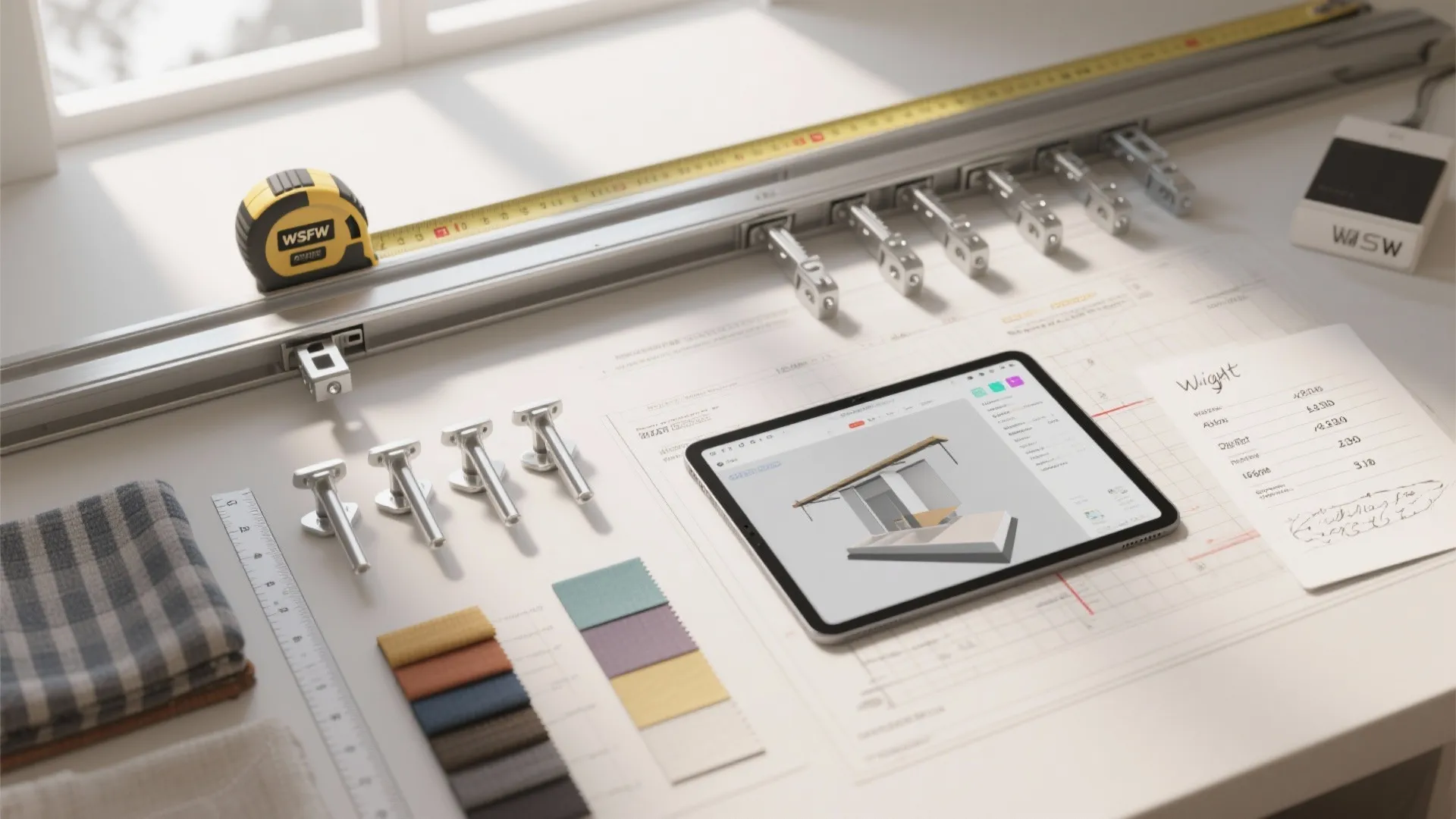 Tablet showing interior design drawing on desk with tape measure fabric samples and curtain hardware