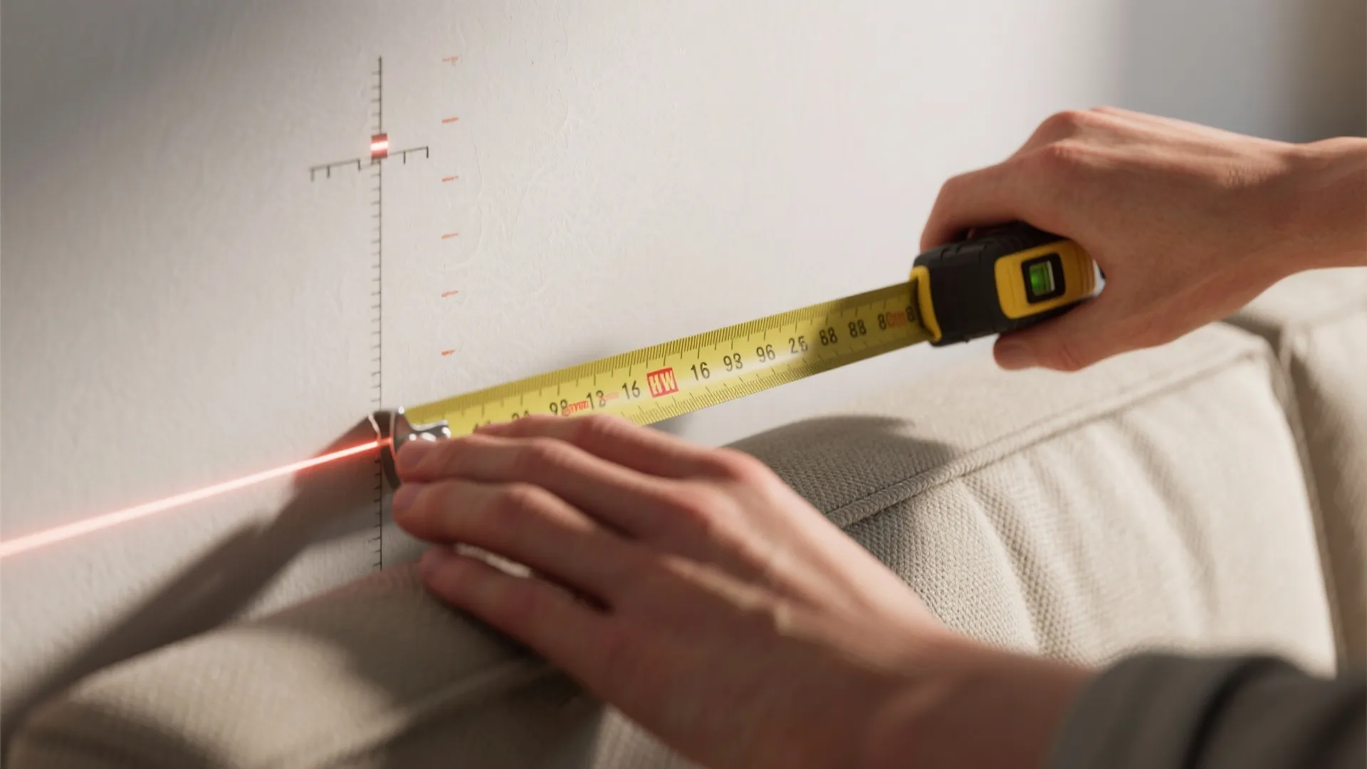 Close-up of measuring sofa width and using a laser level for perfect art alignment.