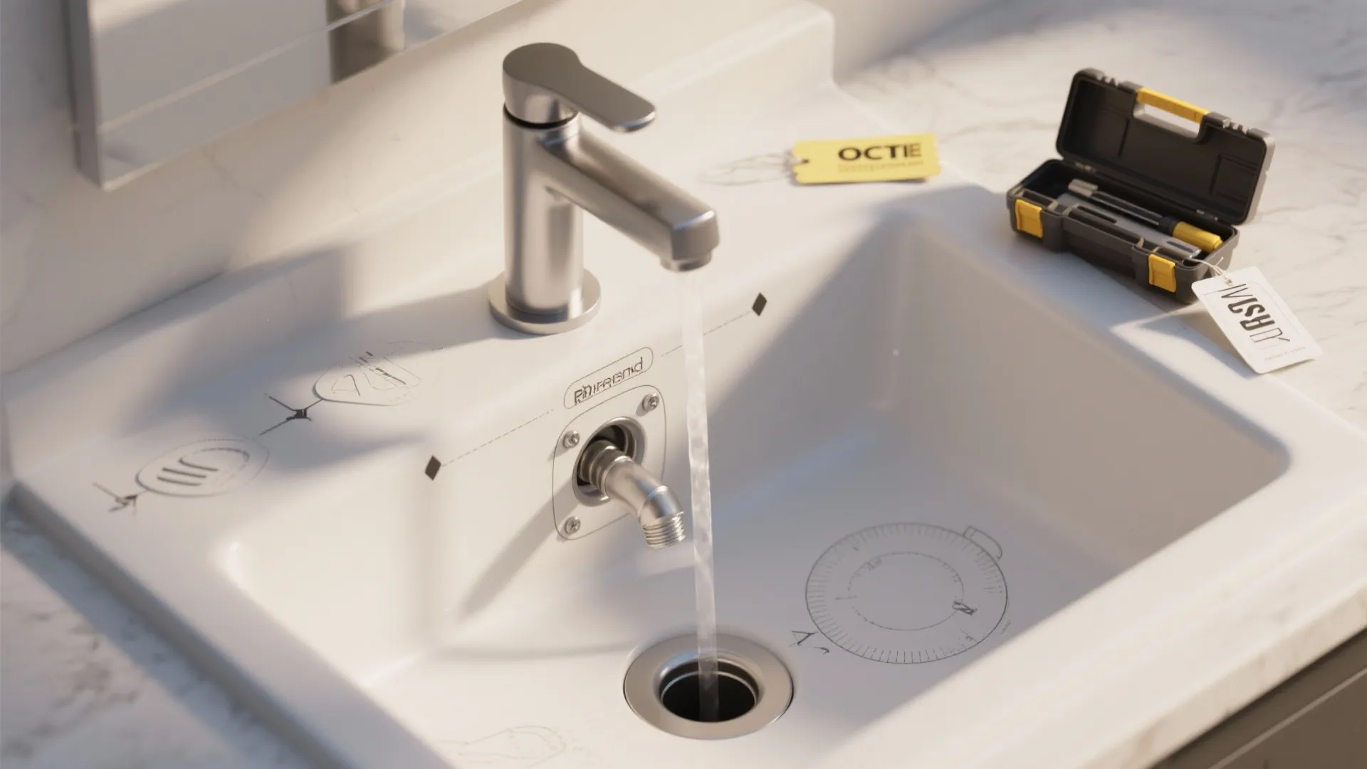 Silver bathroom sink tap installation guide showing tools on a white marble countertop with water flowing