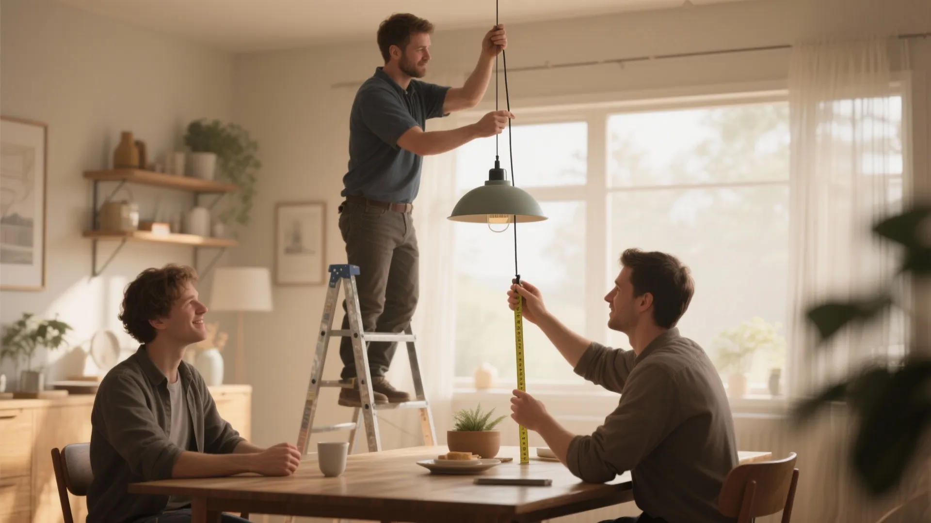 Man on a ladder installing a green ceiling light while friends help measure and watch