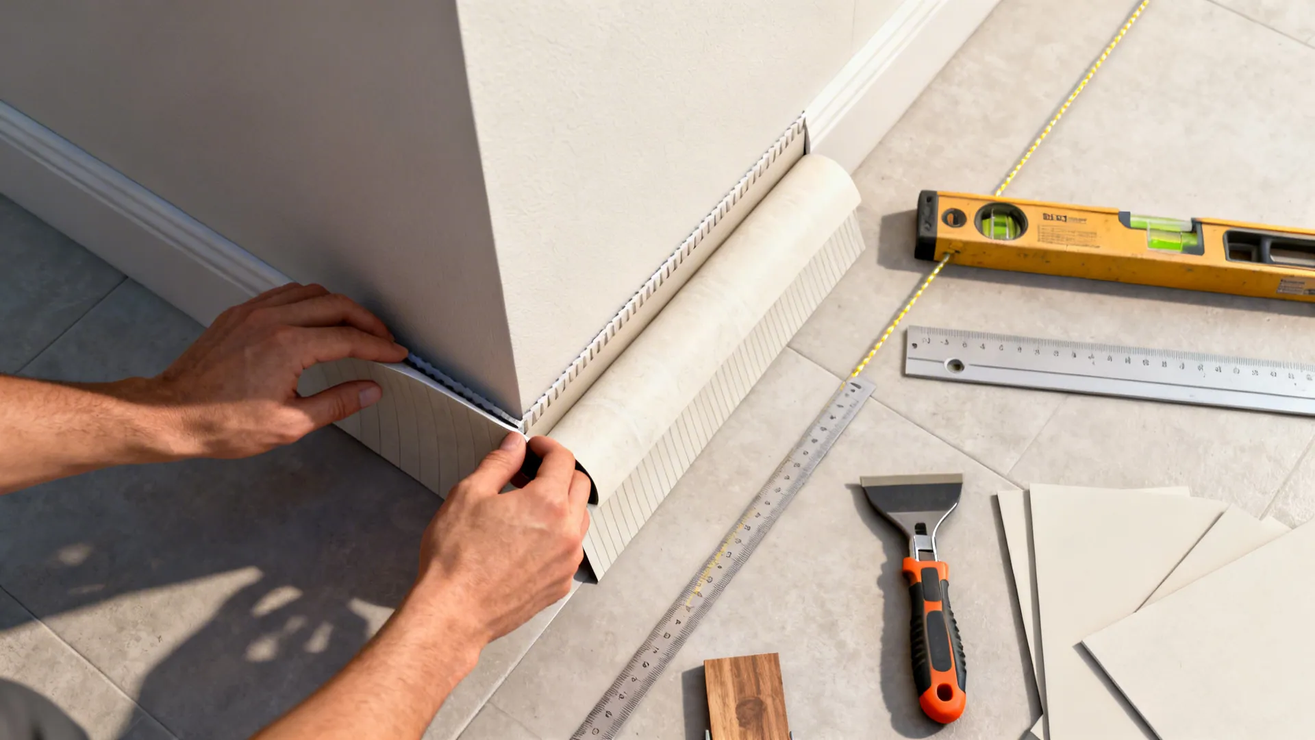 Top-down view of peel-and-stick wallpaper installation with tools: level, plumb line, squeegee and pre-cut panels.