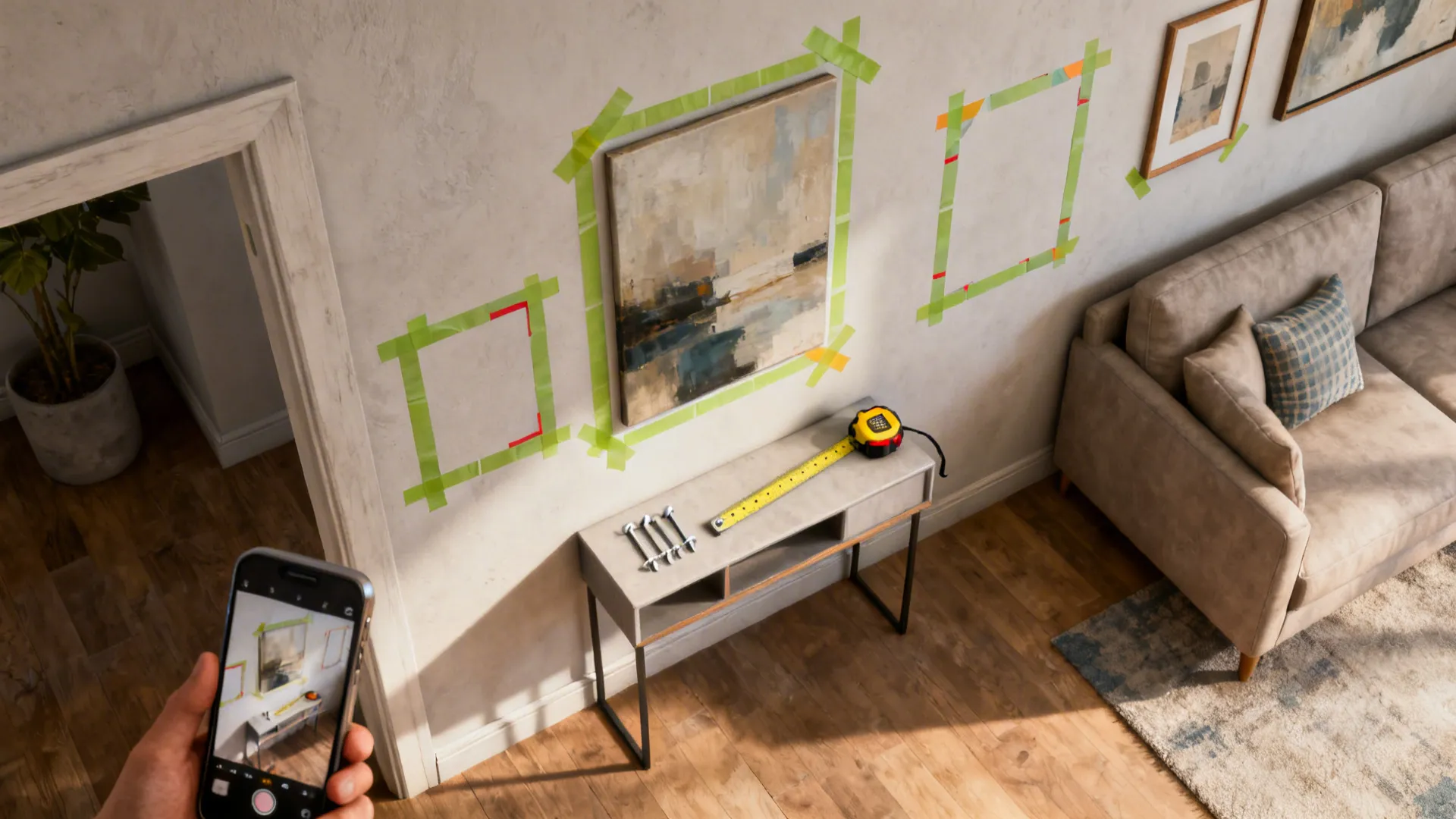 Painter's tape mockup and smartphone photo used to plan wall art installation in a small living room.