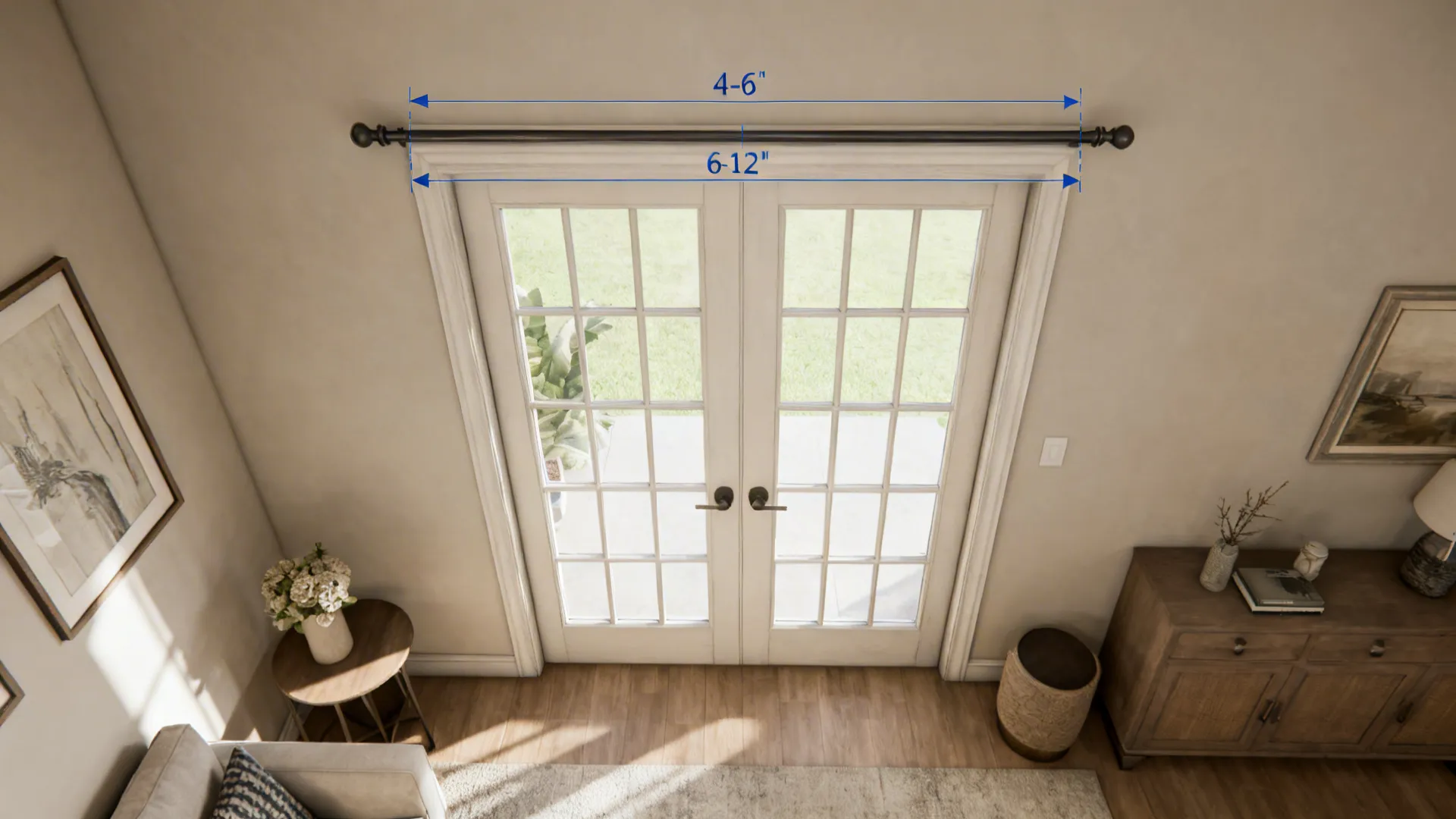 Top-down room layout showing curtain rod height and extension guidelines for French doors with furniture placement.