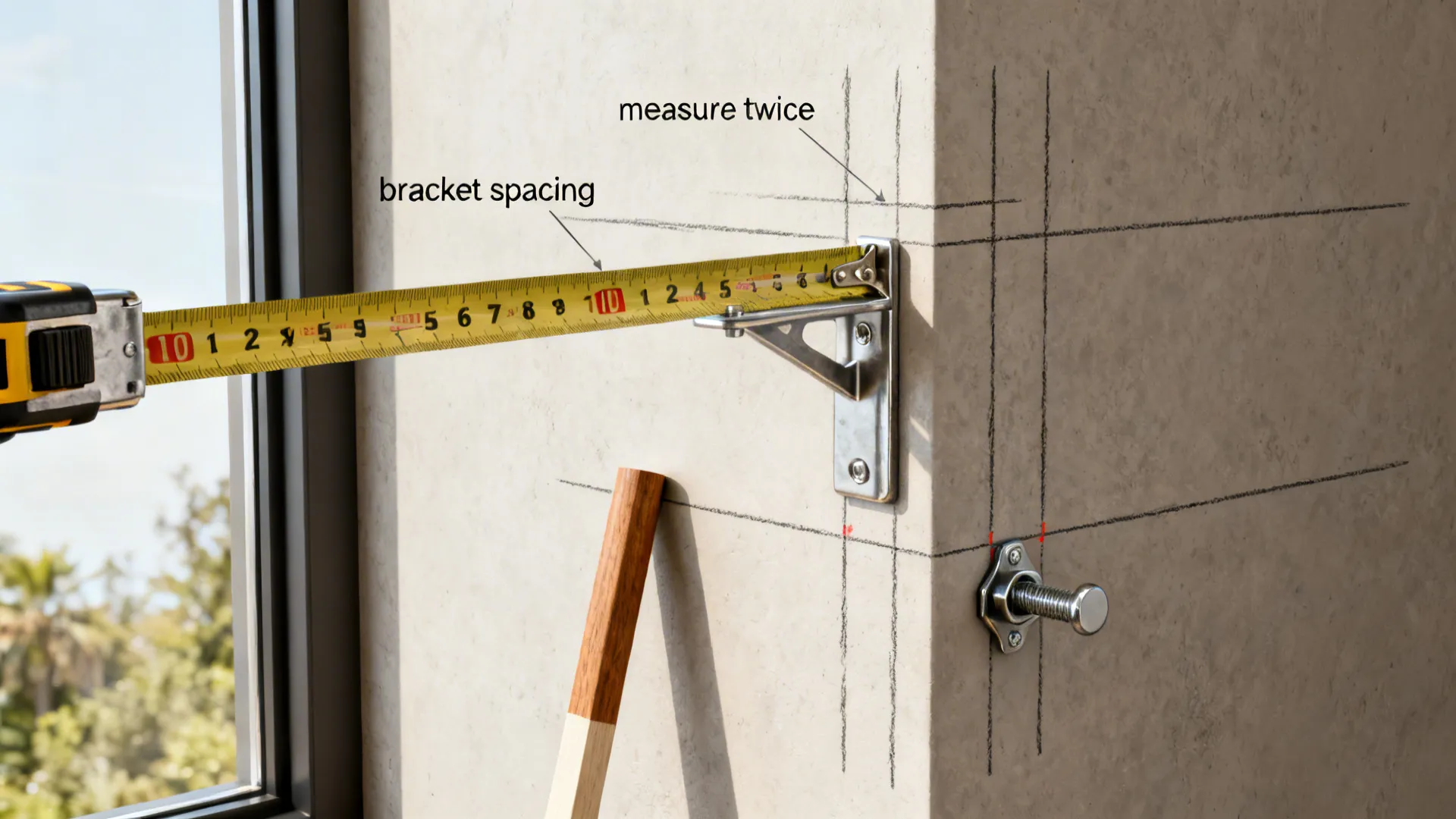 Measuring tools and bracket placement marks illustrating proper curtain installation and measurement tips.