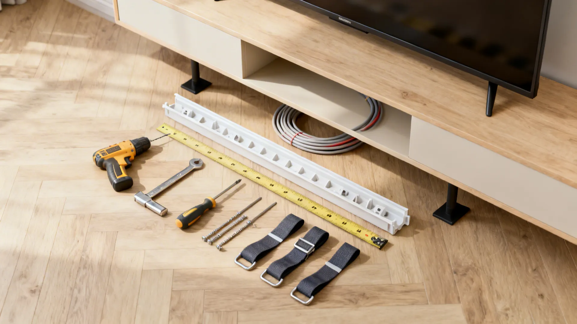 Measuring tape, cable raceway and anti-tip straps staged next to a floating TV console for installation tips.