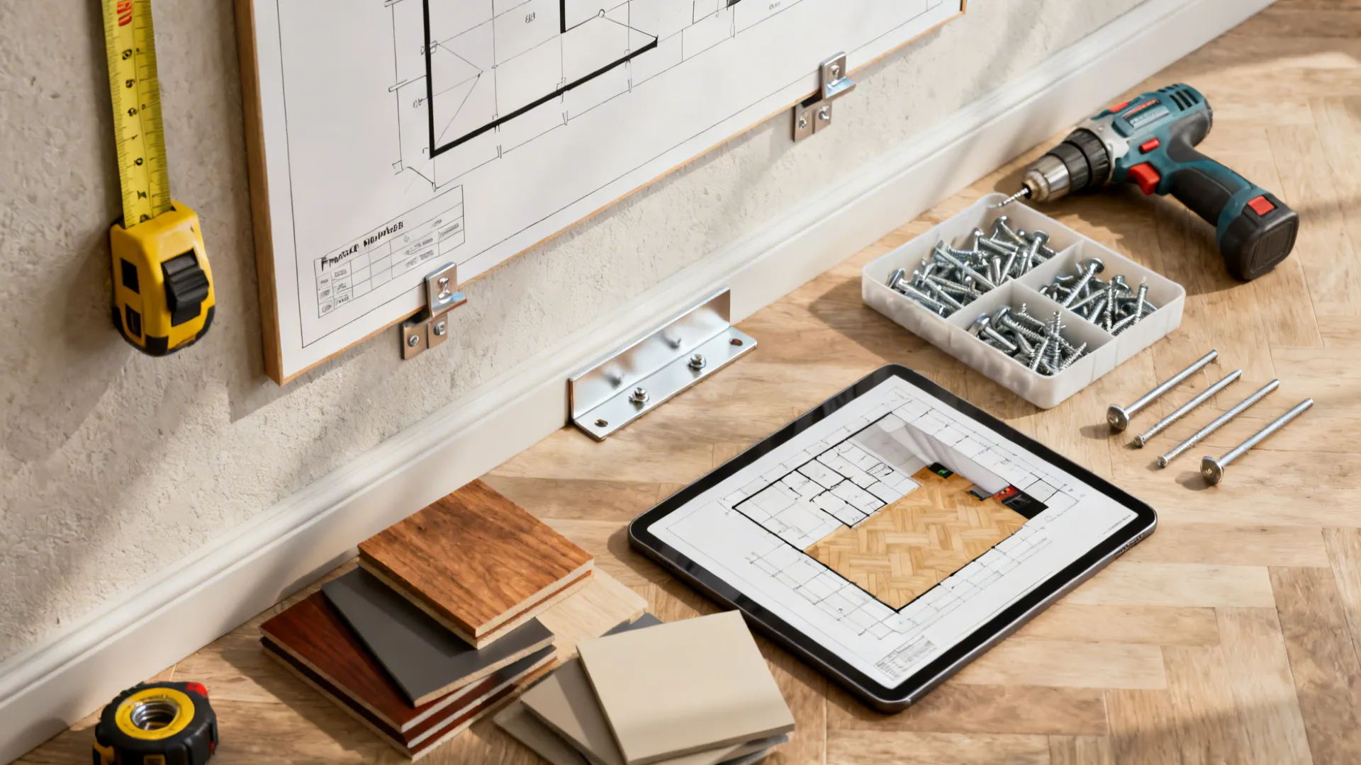 Measuring tools, paper templates and a tablet with a 3D mockup for testing large wall decor placement