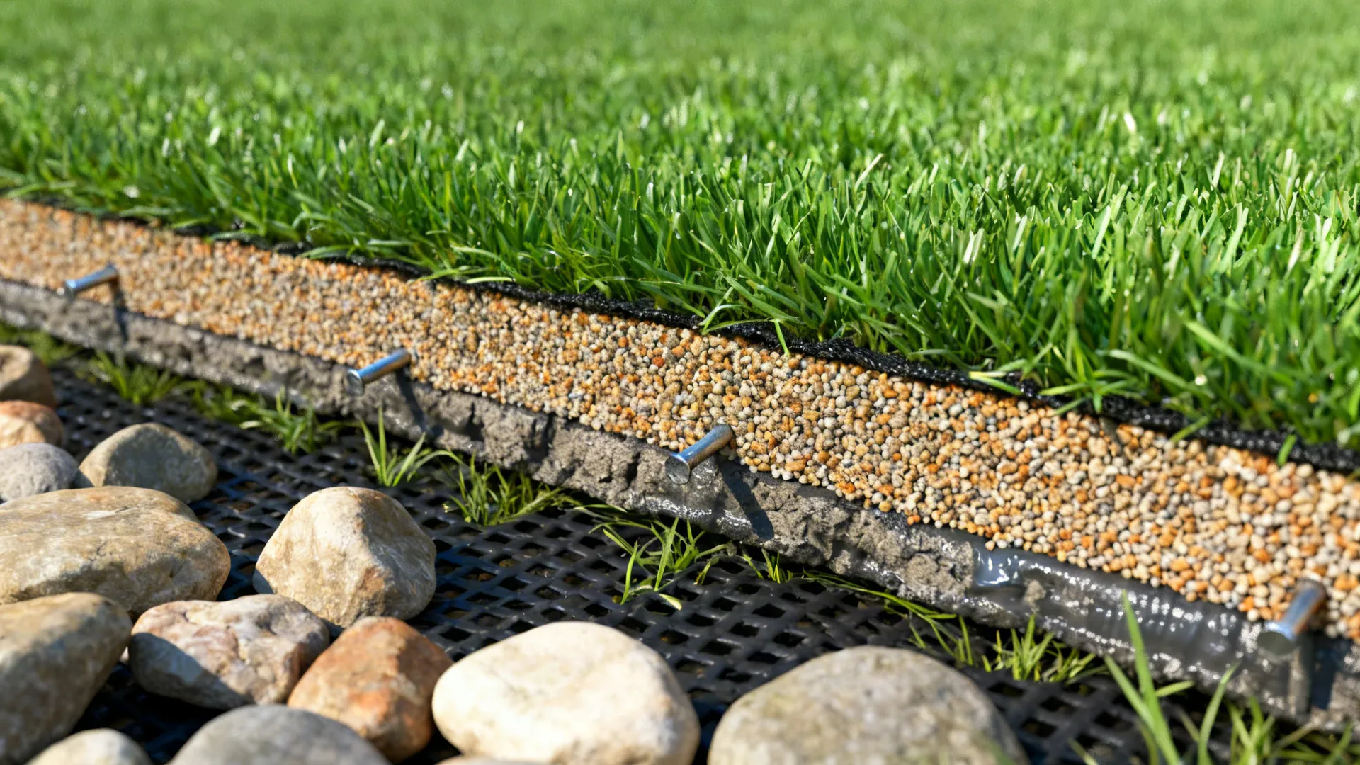 Macro view of compacted base, weed membrane, and secured turf edge with nails