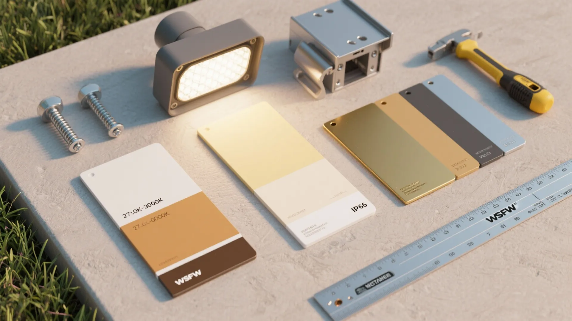 Installation tools including light fixture screws ruler and hammer with color sample cards on concrete