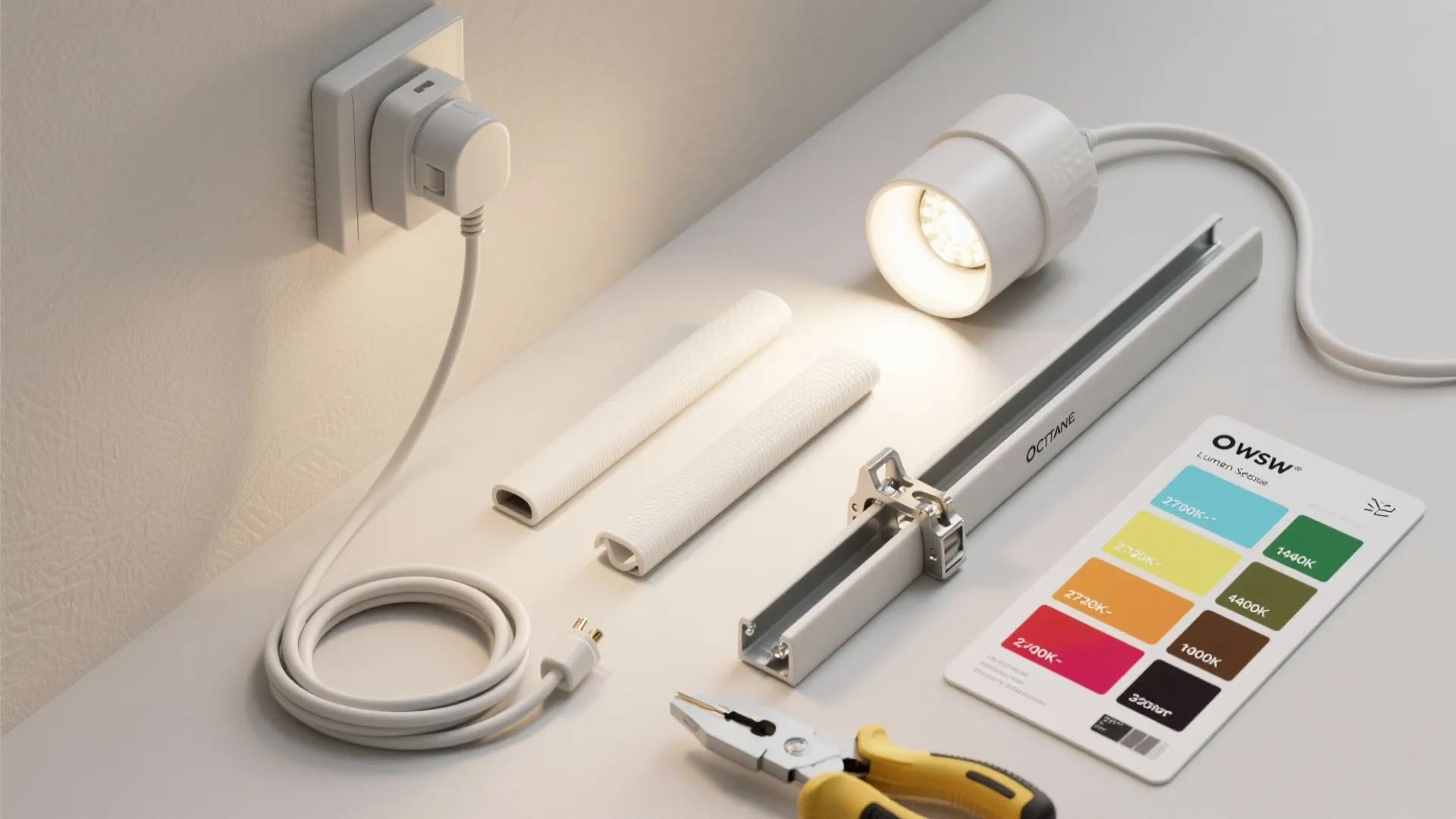 Flatlay of LED fixtures, cord covers, and color temperature swatches for plug-in light planning