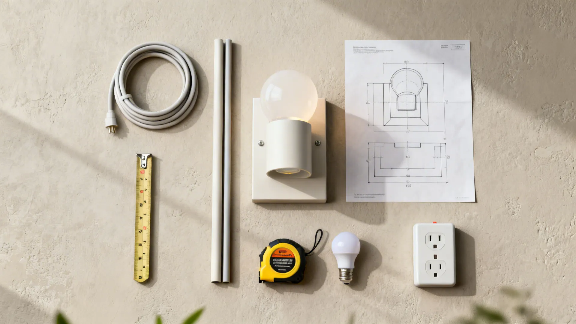 Flat lay showing lighting installation tools with a wall light fixture bulb tape and diagram