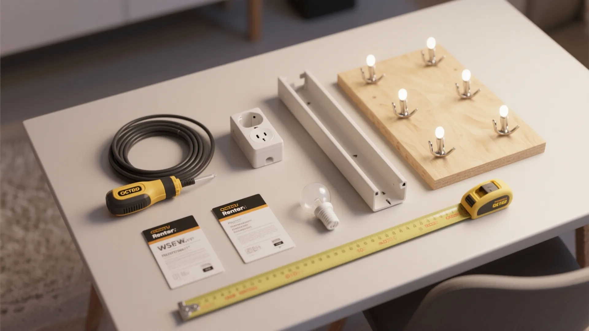 Top-down of toolkit with cable channels, adhesive hooks and plywood backing for plug-in lights