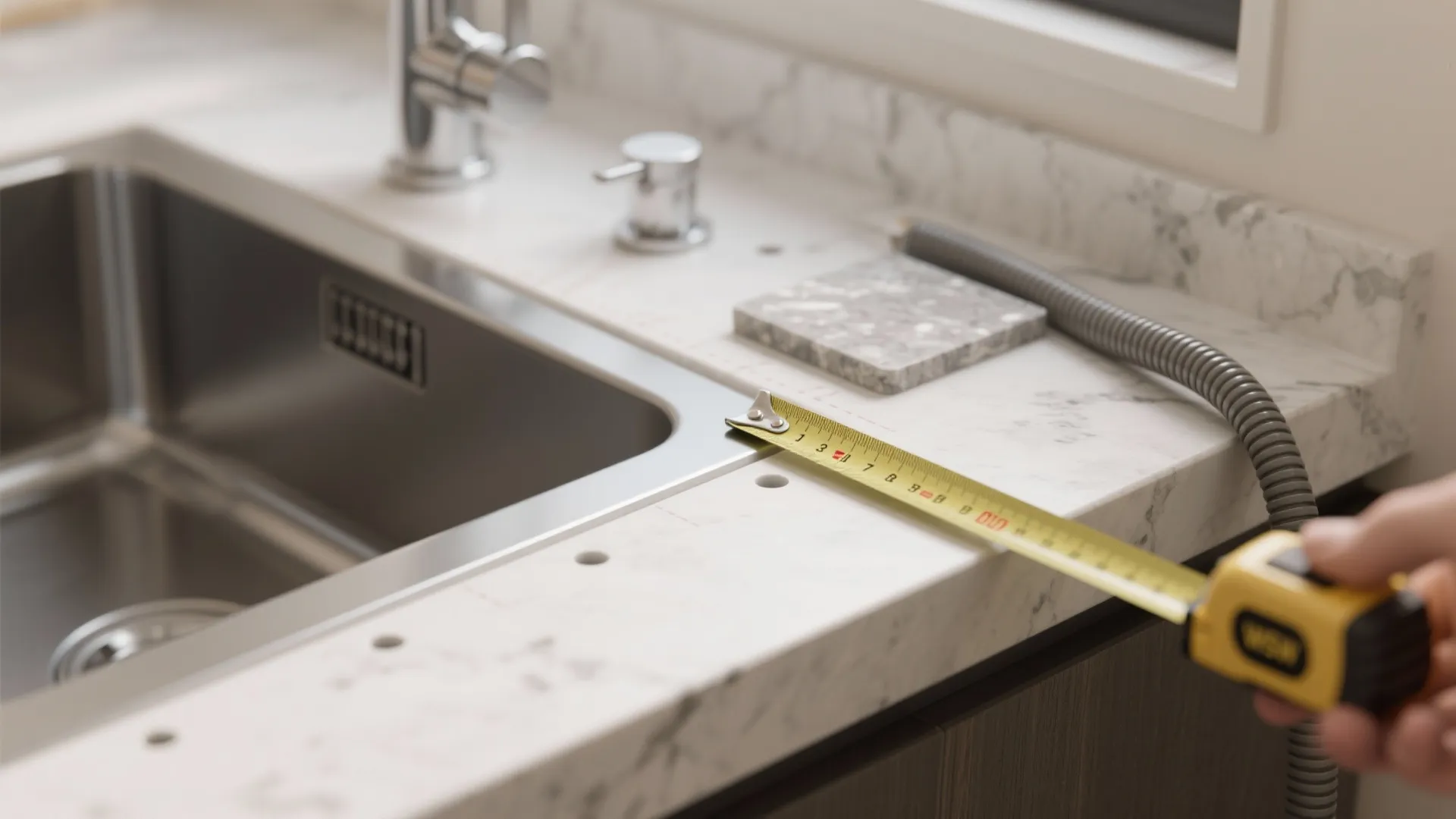 Measuring a marble countertop near a kitchen sink with a yellow tape measure for faucet installation