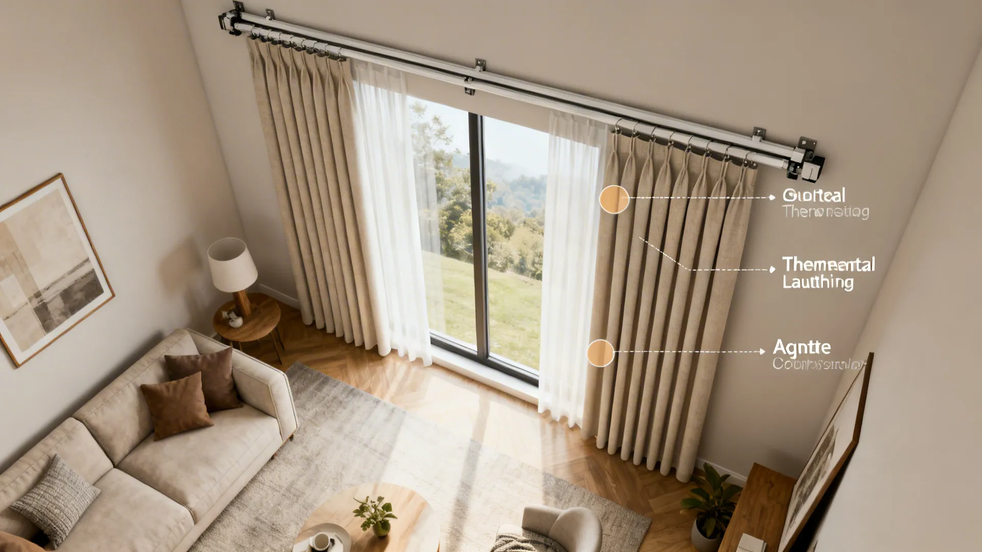 Top-down view showing ceiling-mounted track and floor-length panel proportions for tall windows.