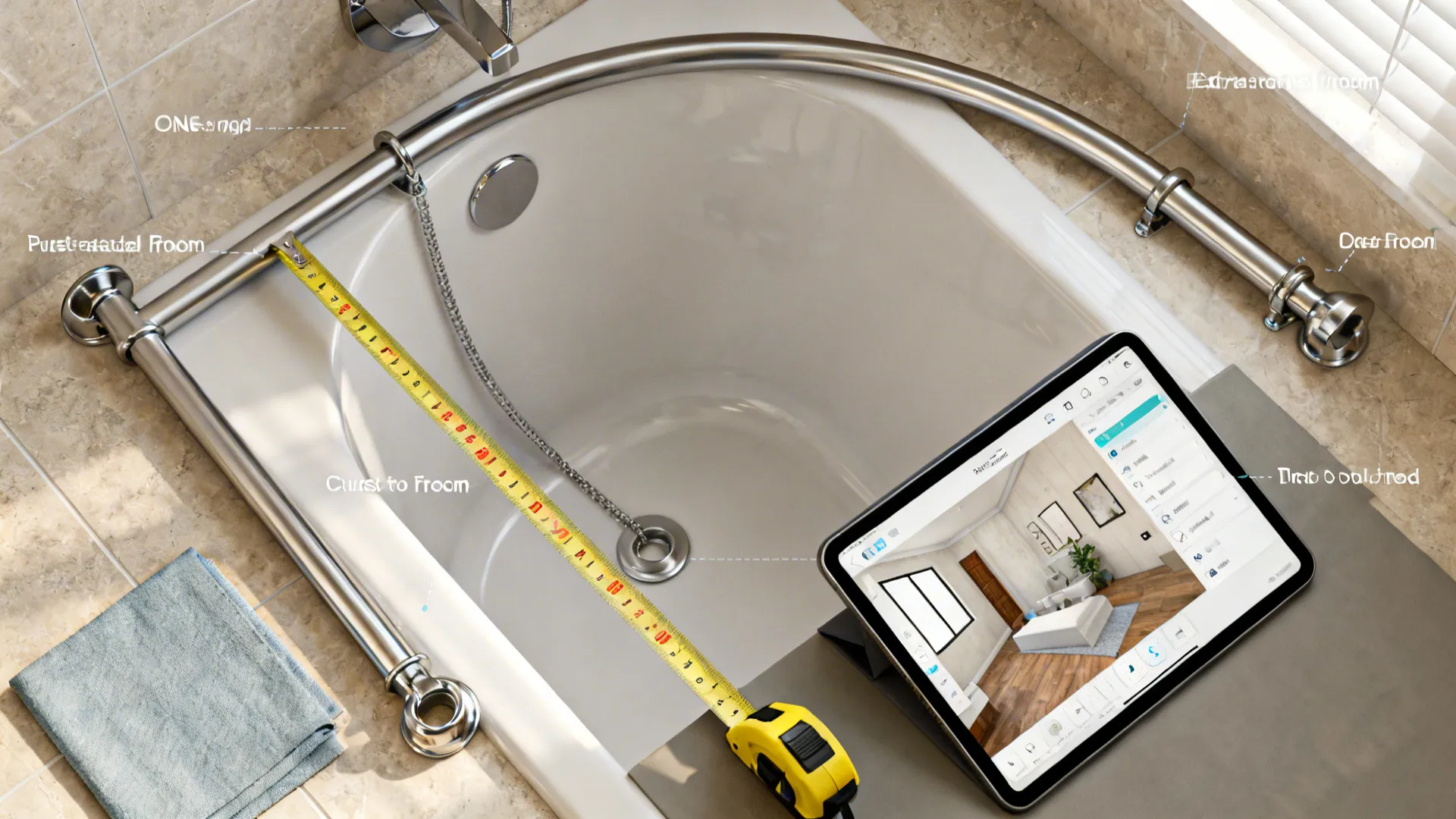 Top-down guide showing curved rod, rust-resistant grommets, tape measure, and 3D planner on a tablet.