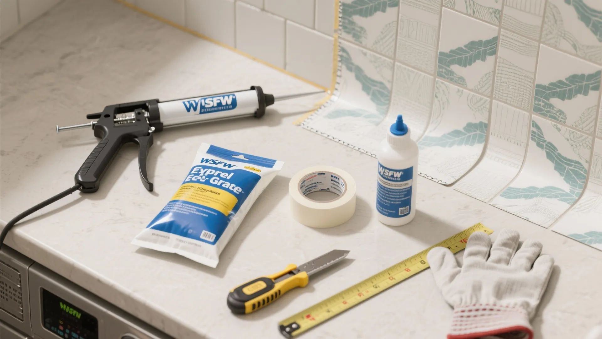 Installation tools for tiling including glue gun tape ruler knife and gloves on marble countertop