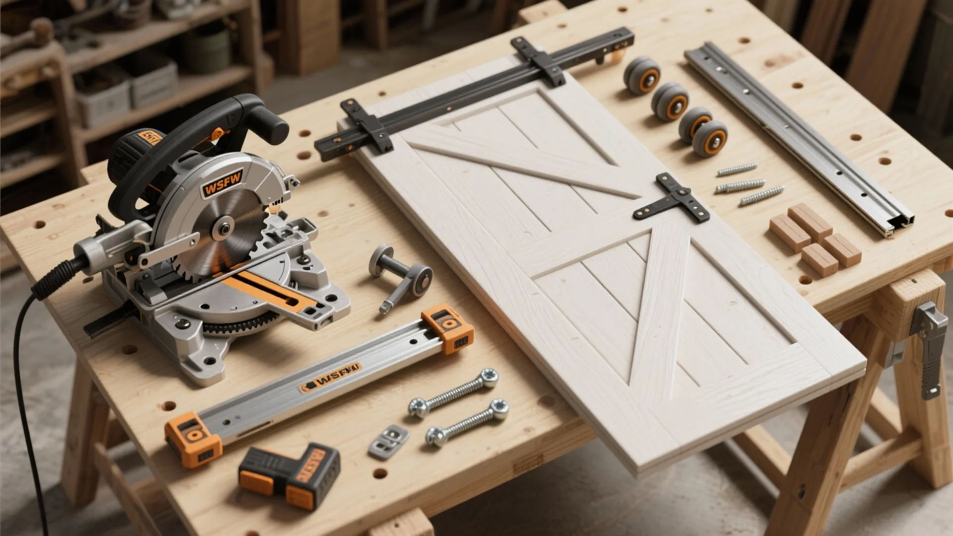 Woodworking workbench with circular saw white barn door metal tracks rollers screws and various tools