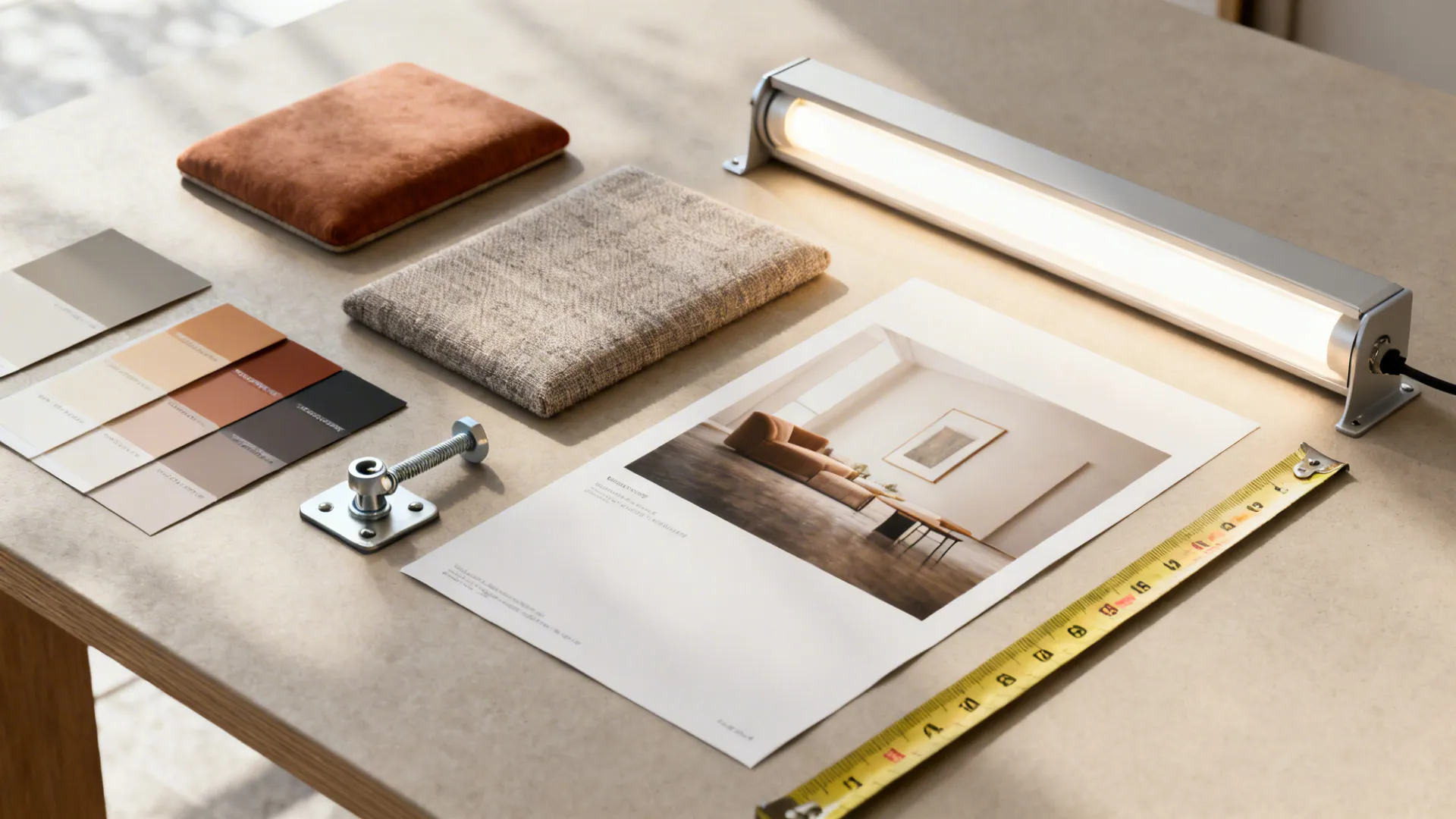 Flatlay of art installation tools and fabric/paint swatches including cleat, anchors and sample print.