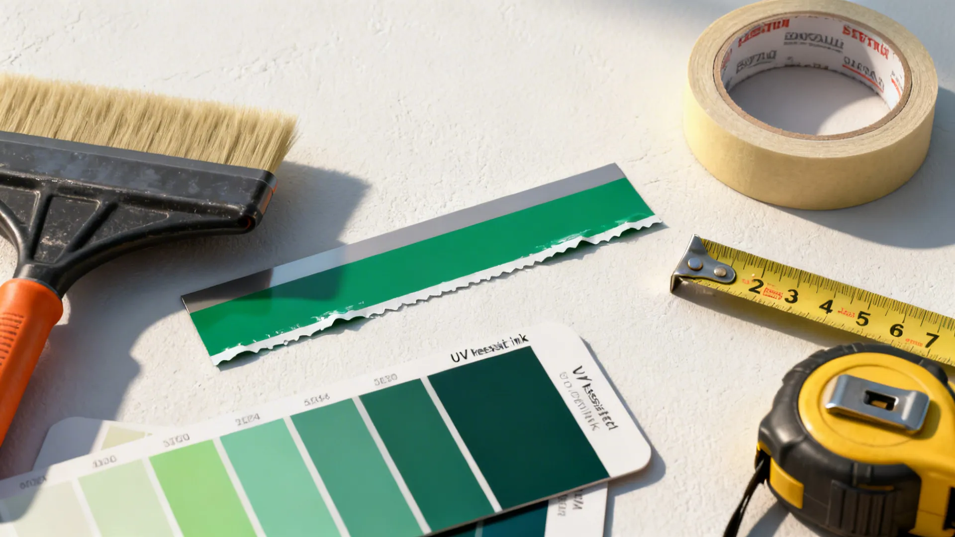 Installation tools and vinyl samples including squeegee and painter's tape for applying wall stickers