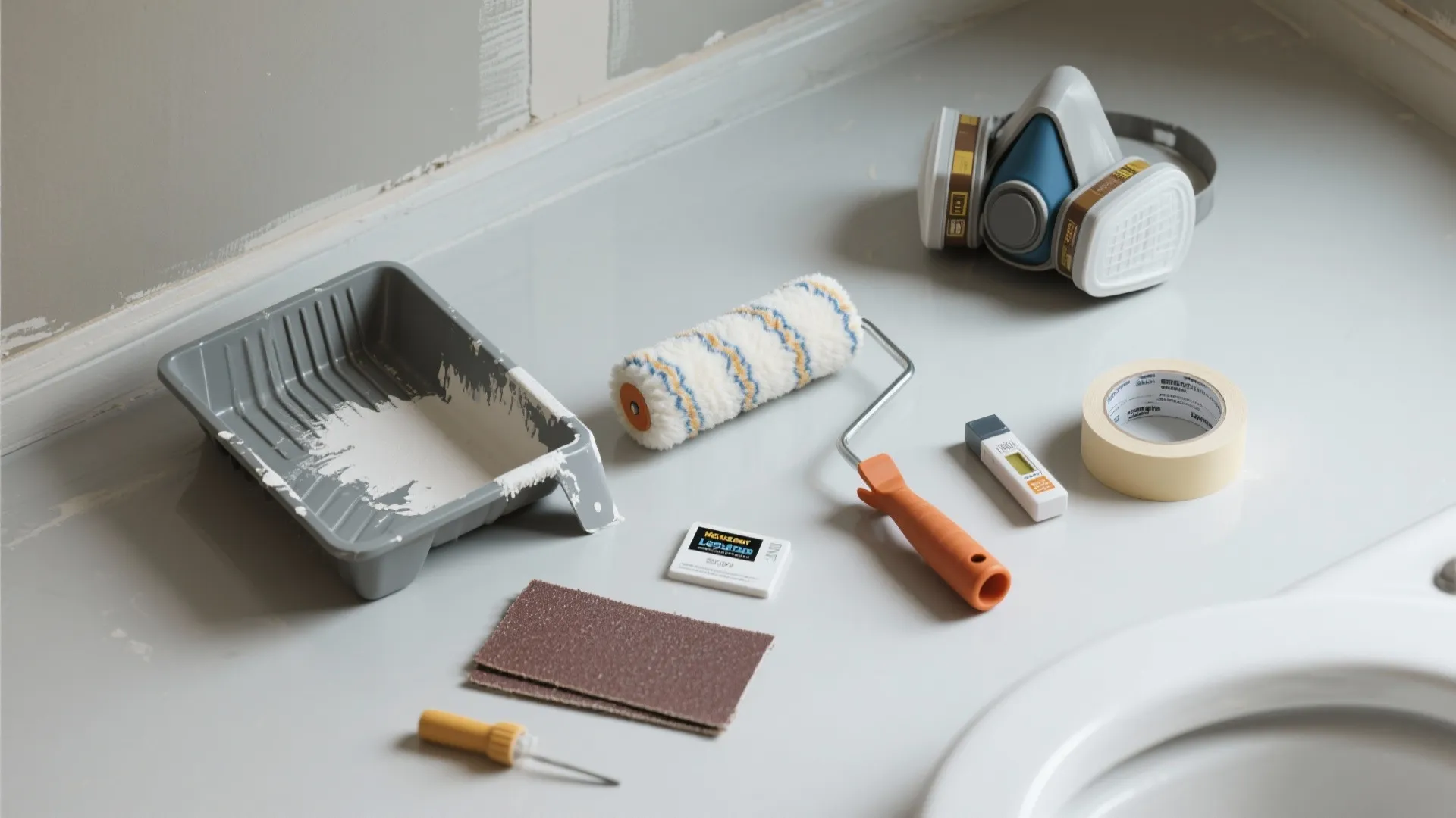 Collection of home painting tools including paint roller tray sandpaper mask tape and a small brush