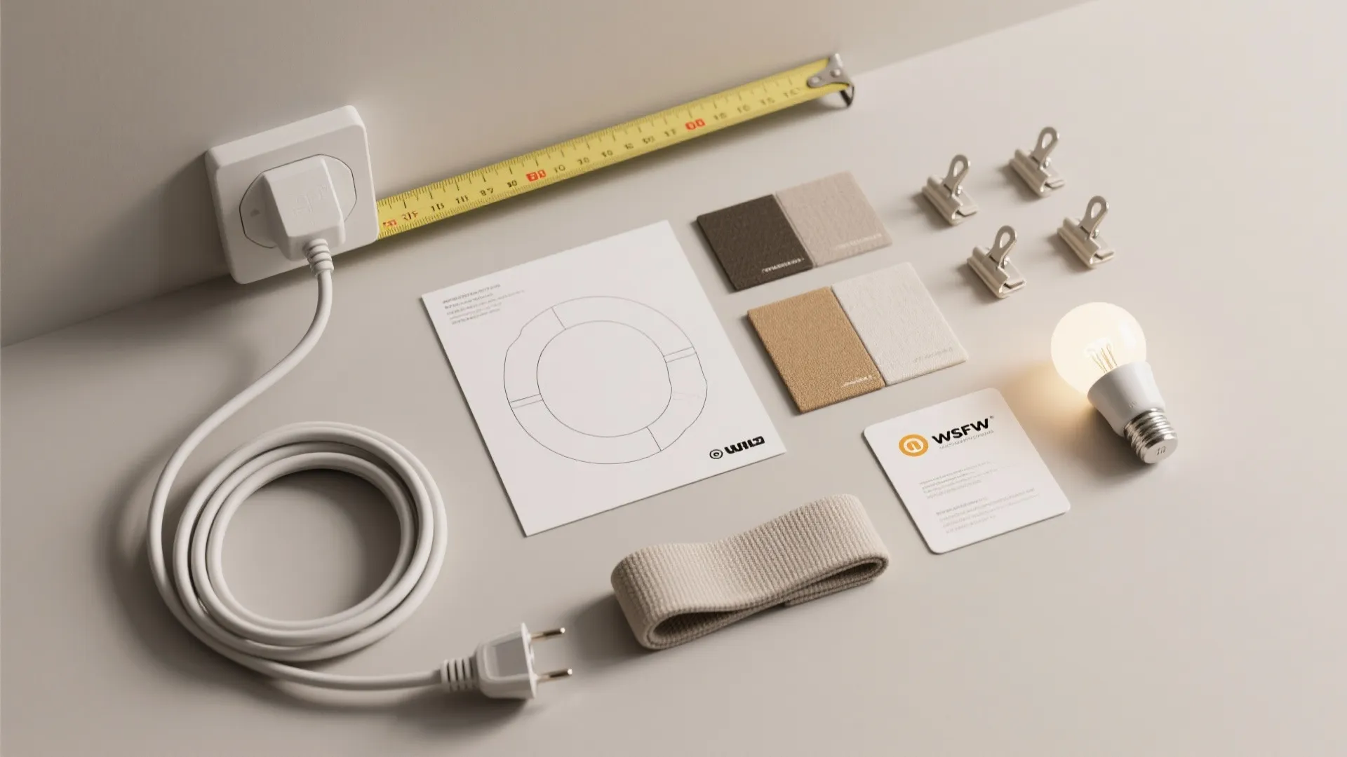 Flatlay of measuring tape, flat extension cord, cord covers, adhesive clips and LED bulb samples for plug-in light installation.