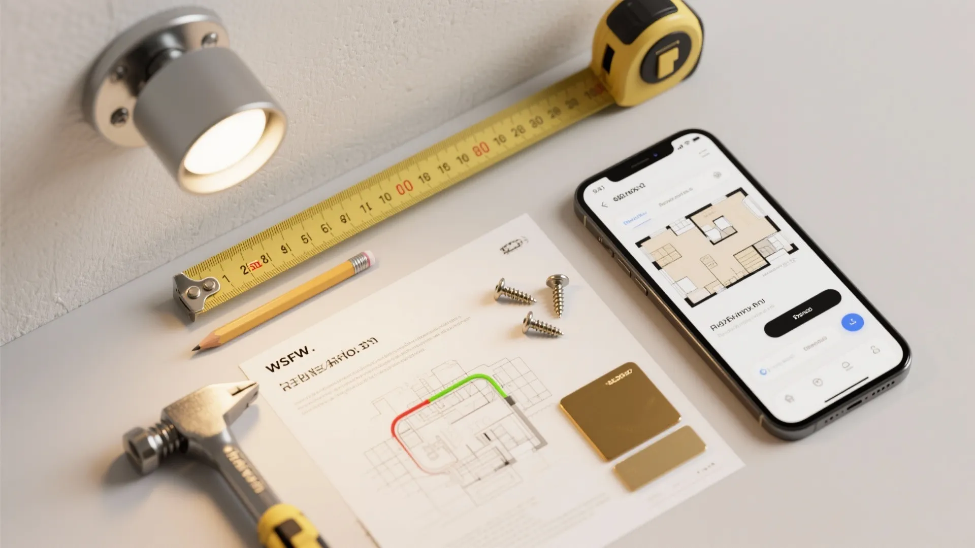 Top-down flatlay of anchors, wiring diagram, tape measure and phone with floor plan app for light placement planning.