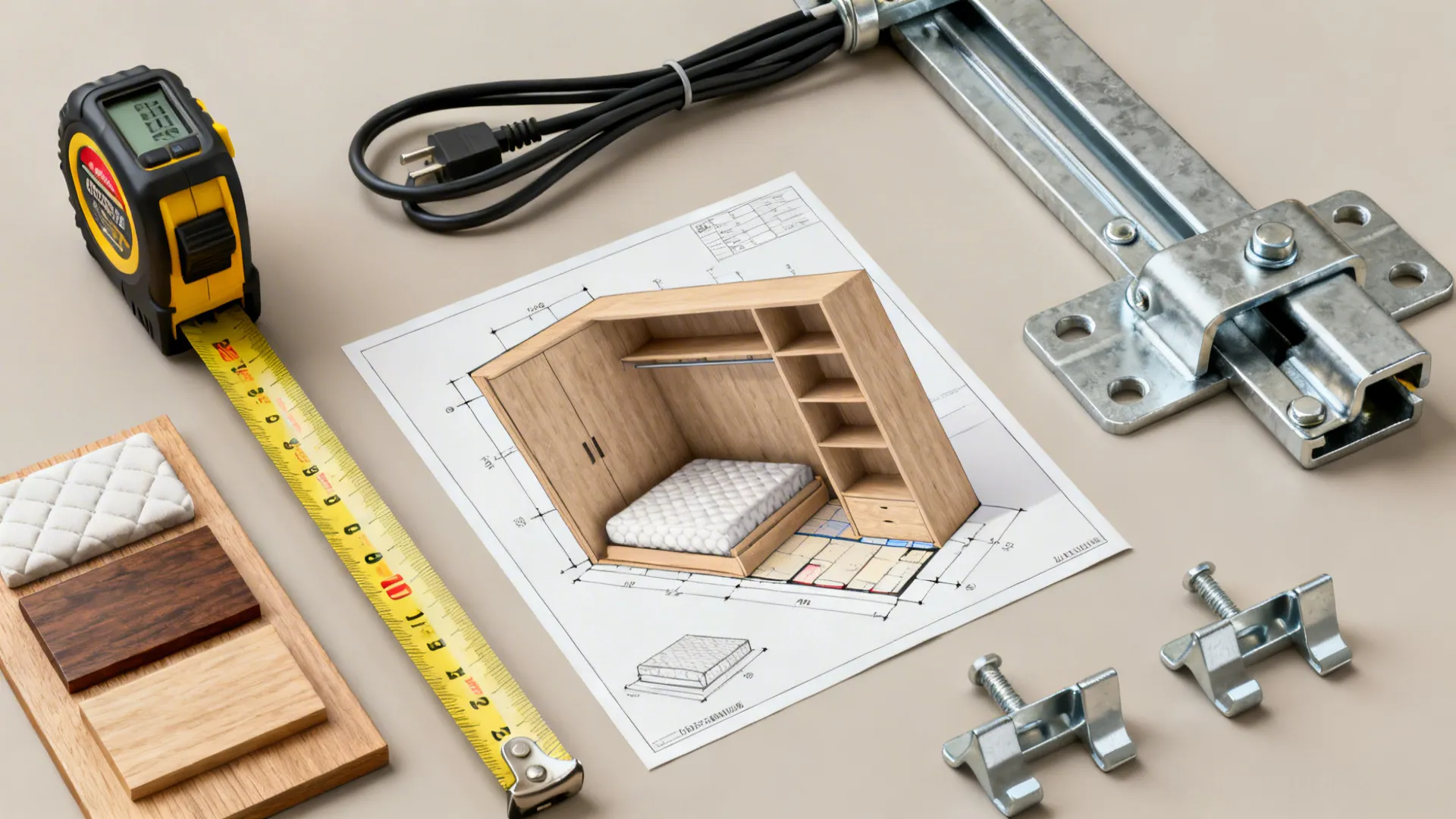 Measuring tape wood samples and metal tools placed around interior design drawing of wall bed