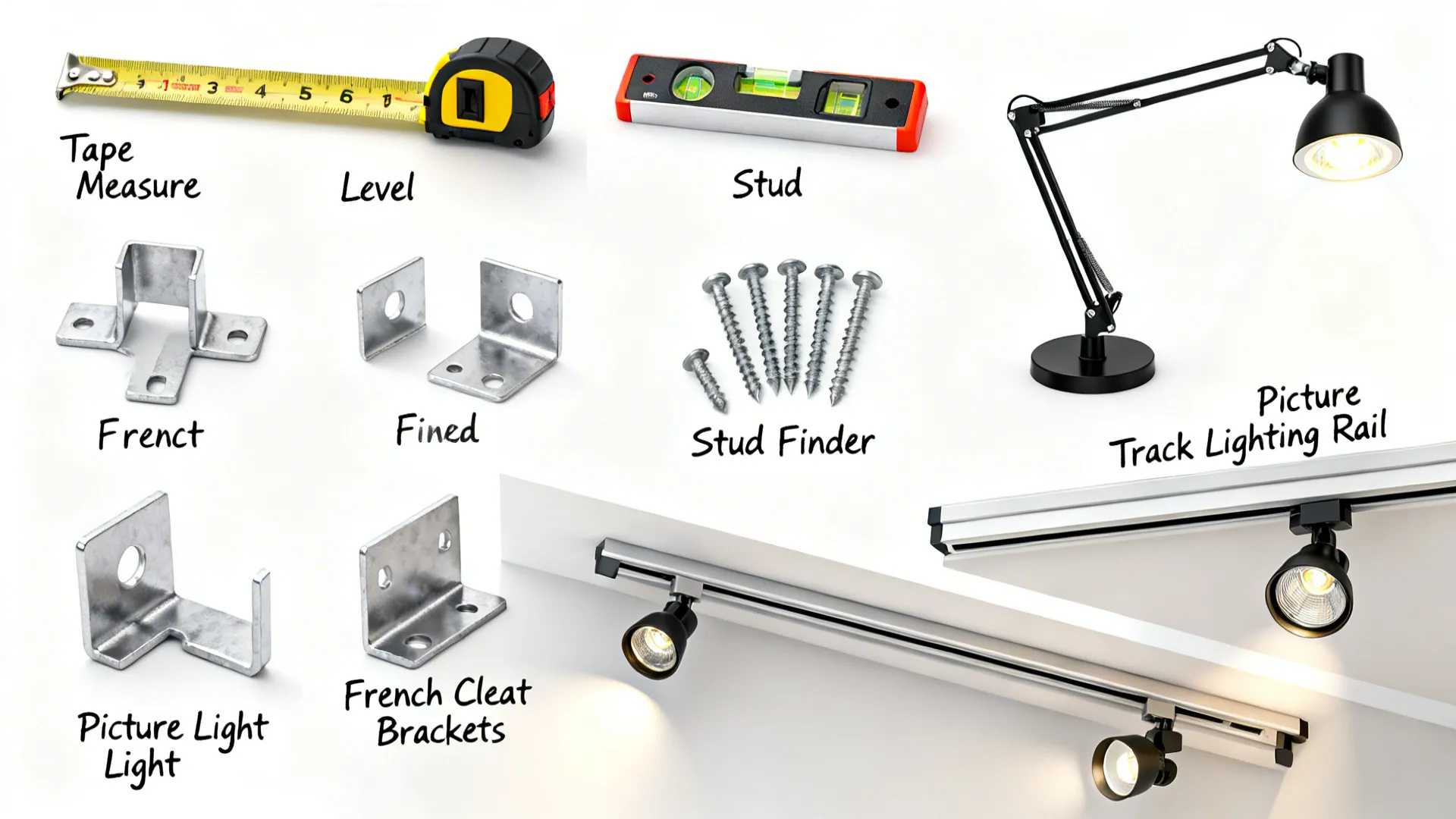 Top-down view of measuring tools, French cleat hardware and lighting samples for installing heavy wall decor.
