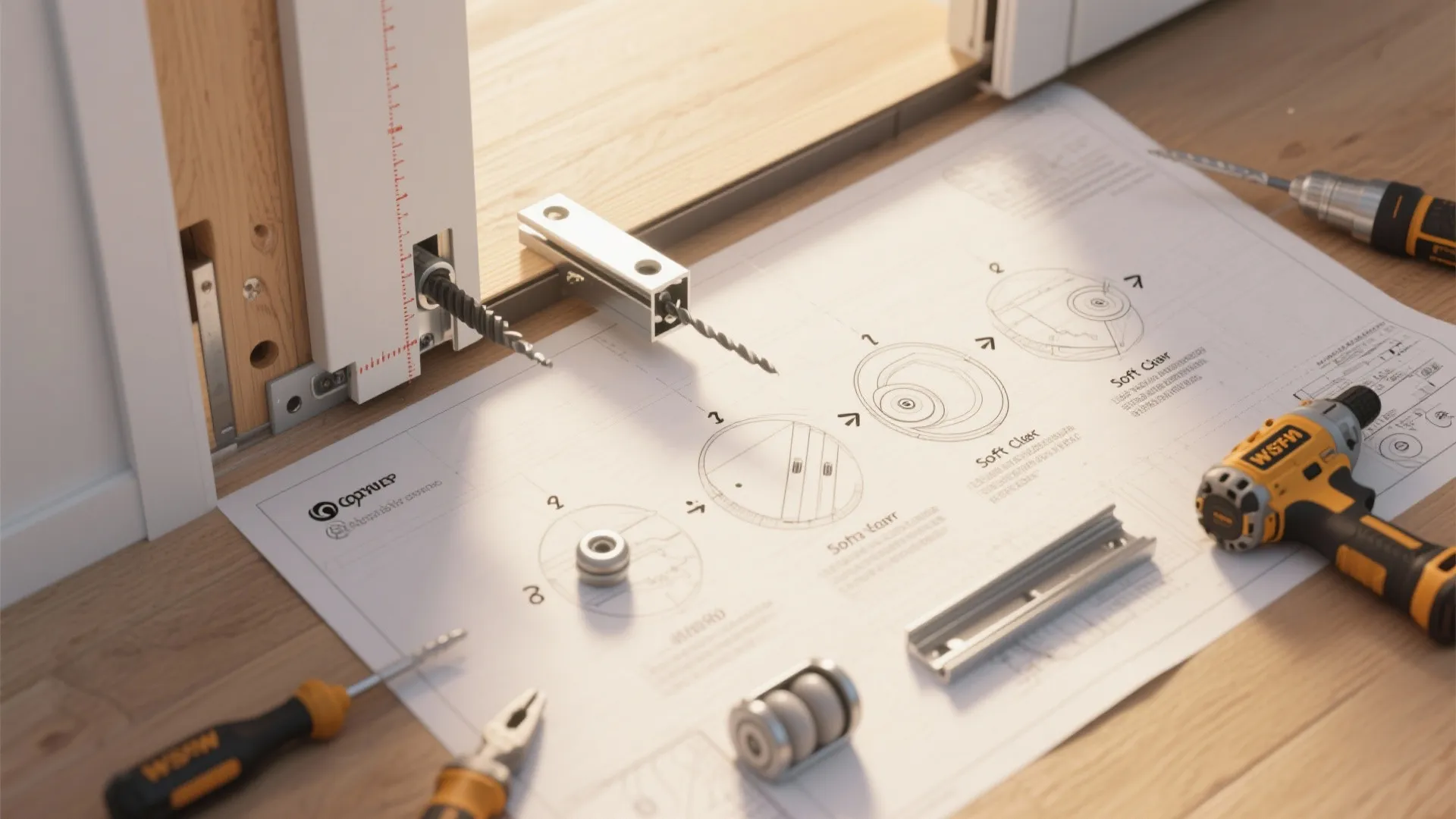 Top-down instructional layout showing steps and tools for sliding door installation on blueprint paper.