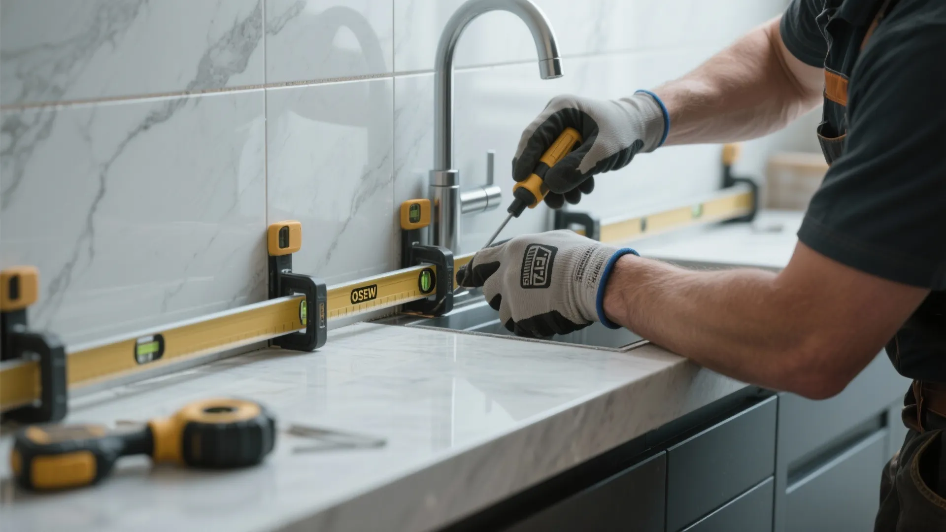 A person using a yellow level and screwdriver to install a sink on marble kitchen countertops