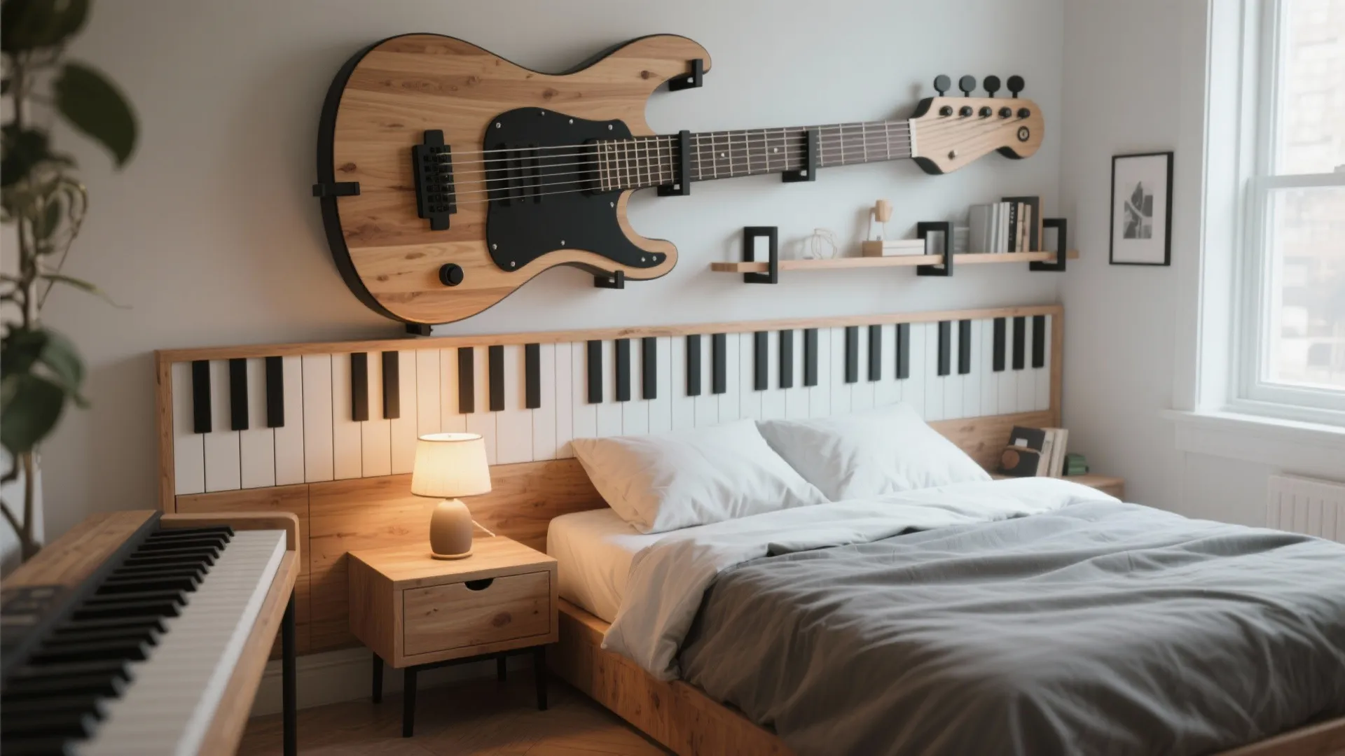 Music themed bedroom with guitar wall decor piano key headboard small wooden nightstand and white bedding