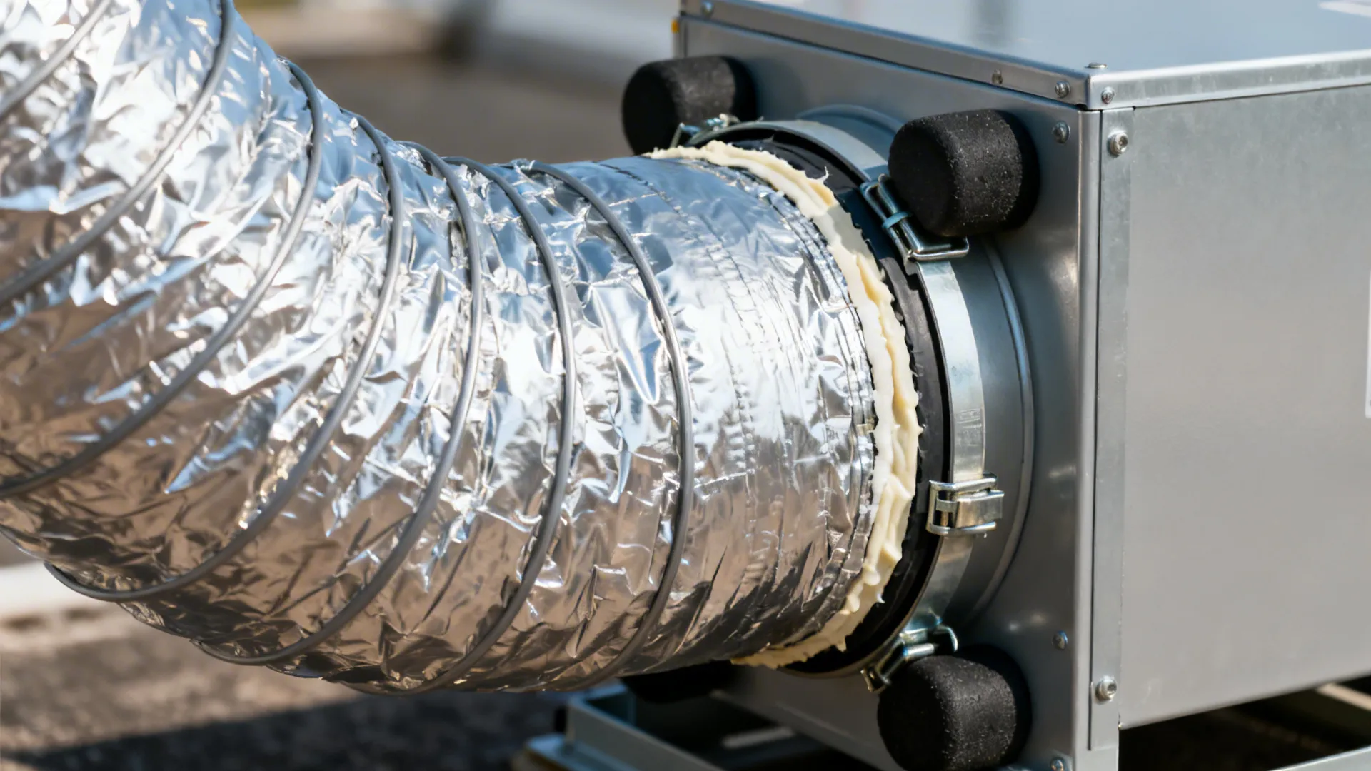 Macro detail of insulated round duct attached to an in-line blower with vibration isolators.