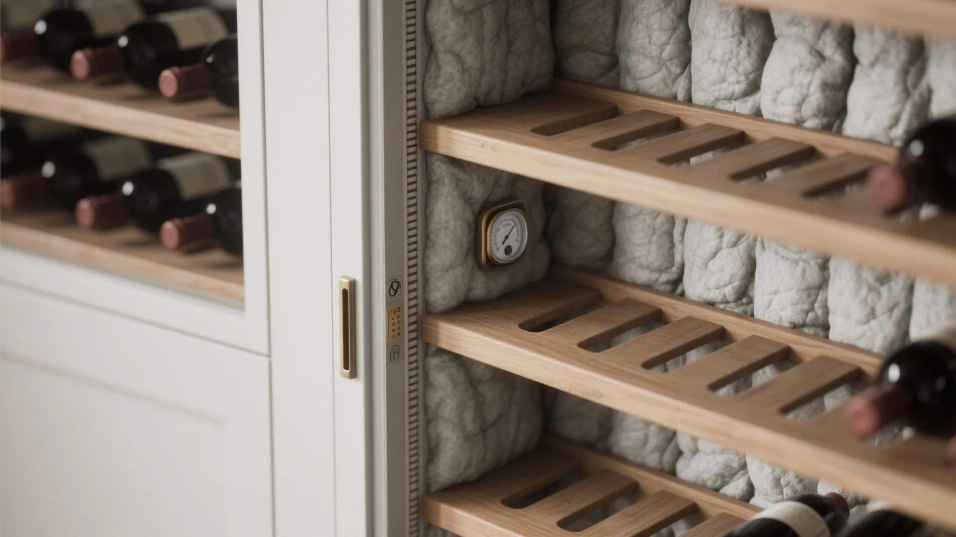 Close up of a temperature controlled wine cabinet with wooden shelves and soft grey padding