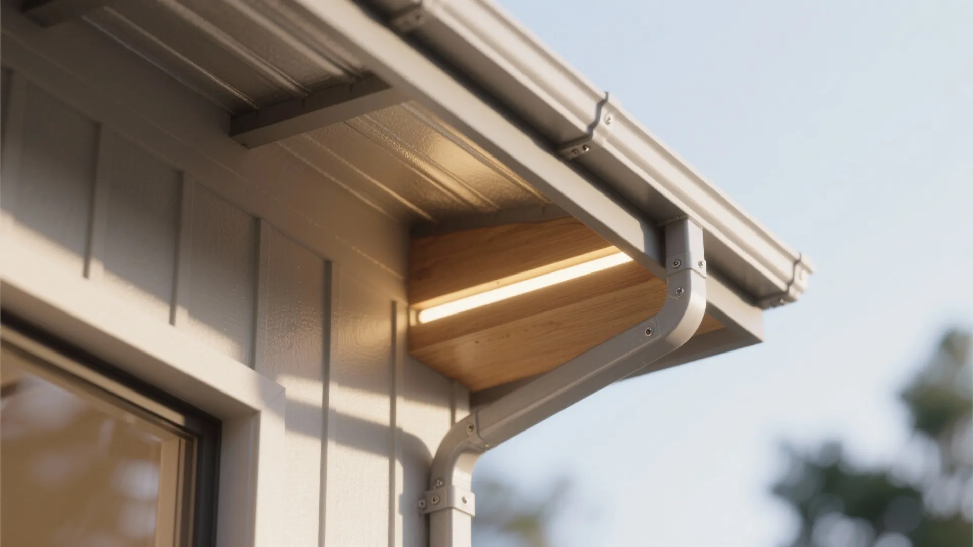 Close up of house roof edge featuring light fixture wooden corner white wall siding gutter