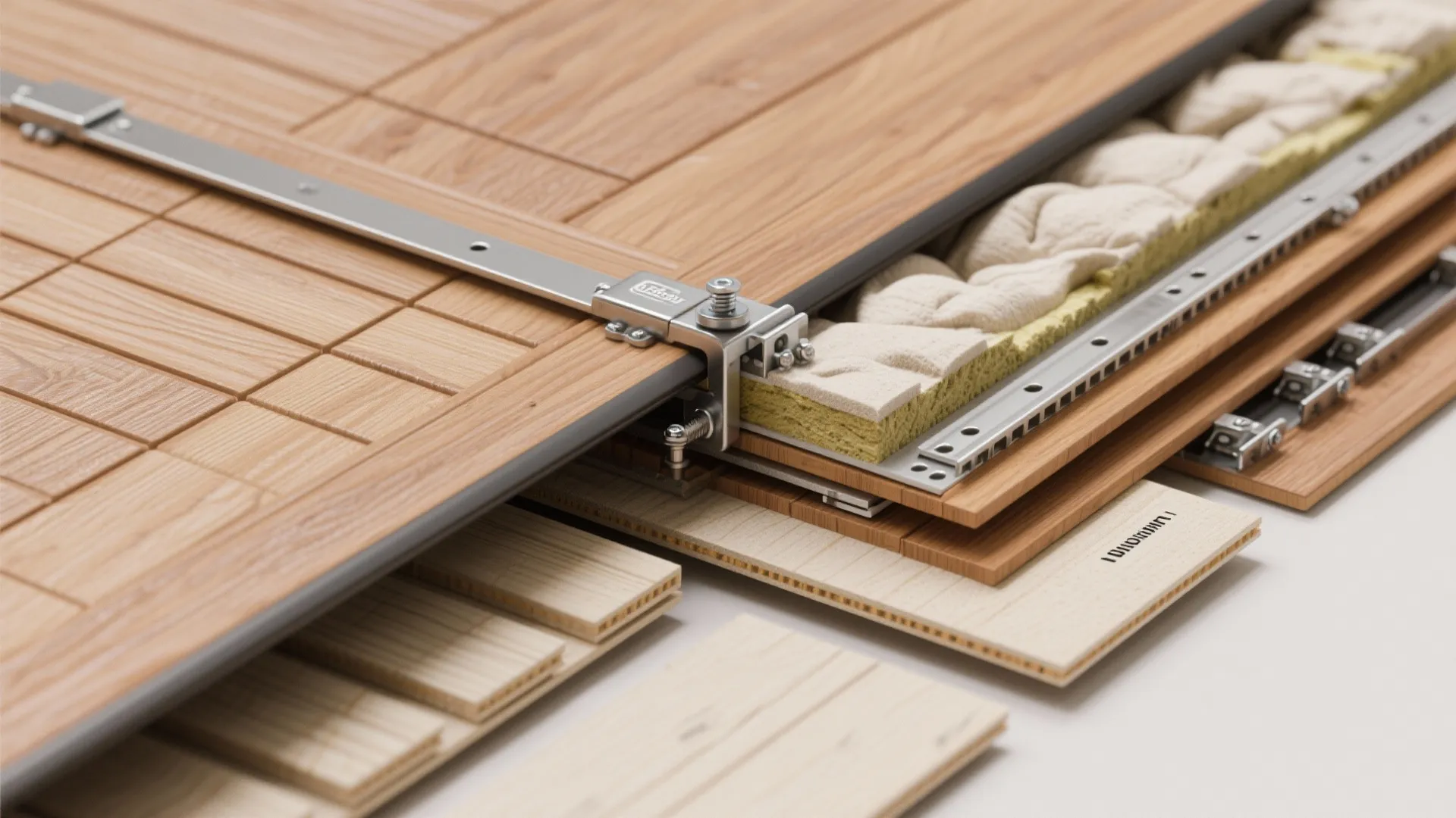 Close up showing layers of insulated wood wall panel with metal hardware and soft foam padding