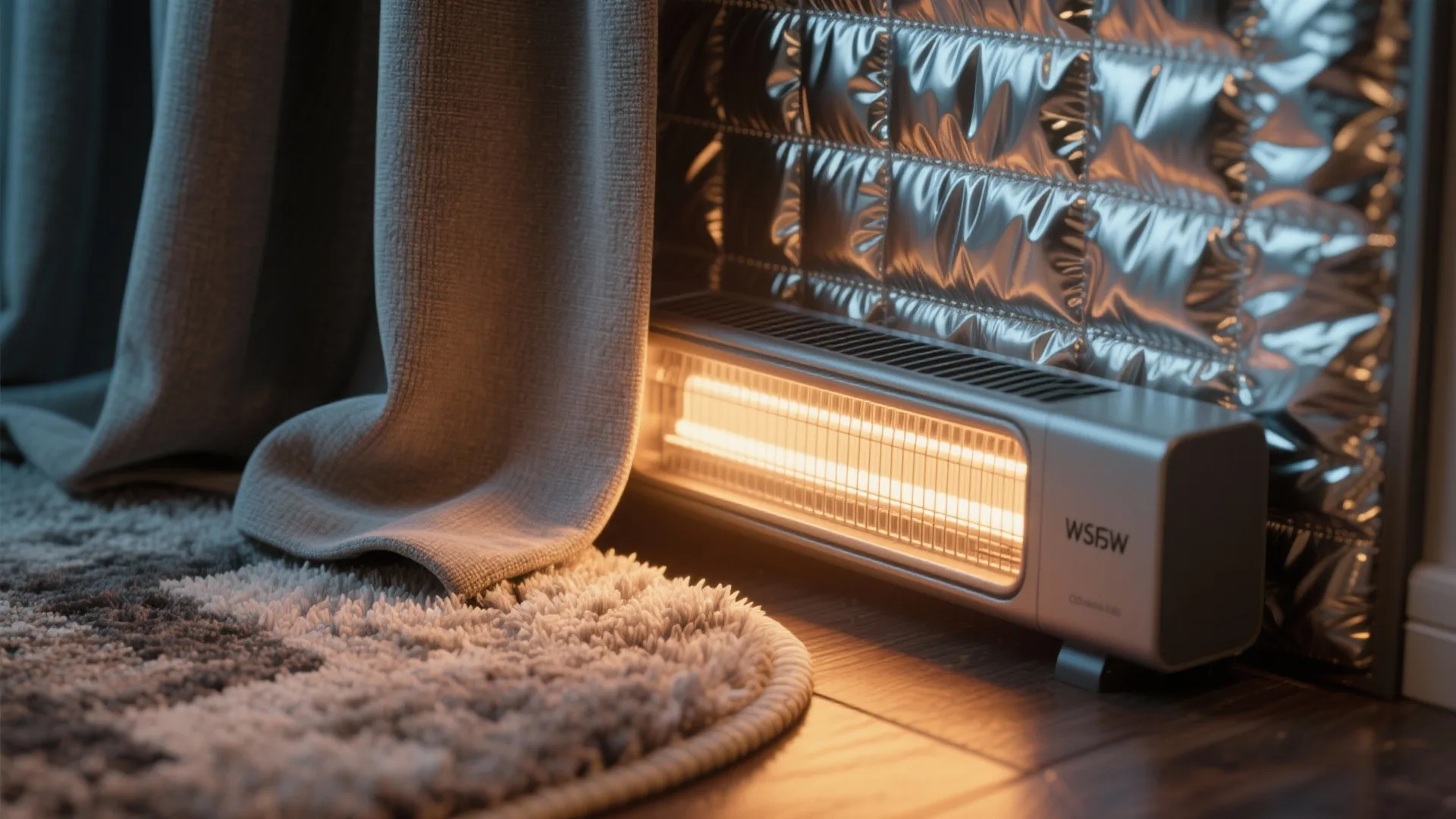 Electric space heater glowing with orange light next to grey curtain rug and reflective wall