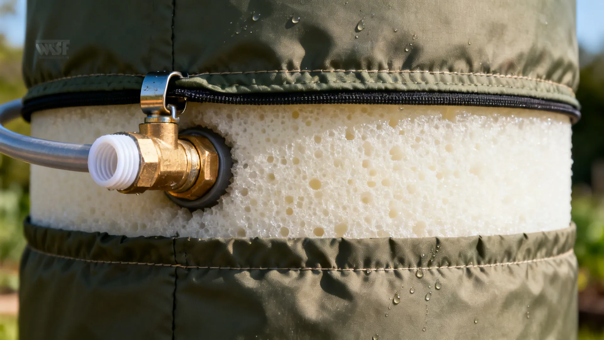 Macro of a biodigester’s insulated jacket and gas-rated fitting with clean seam alignment.
