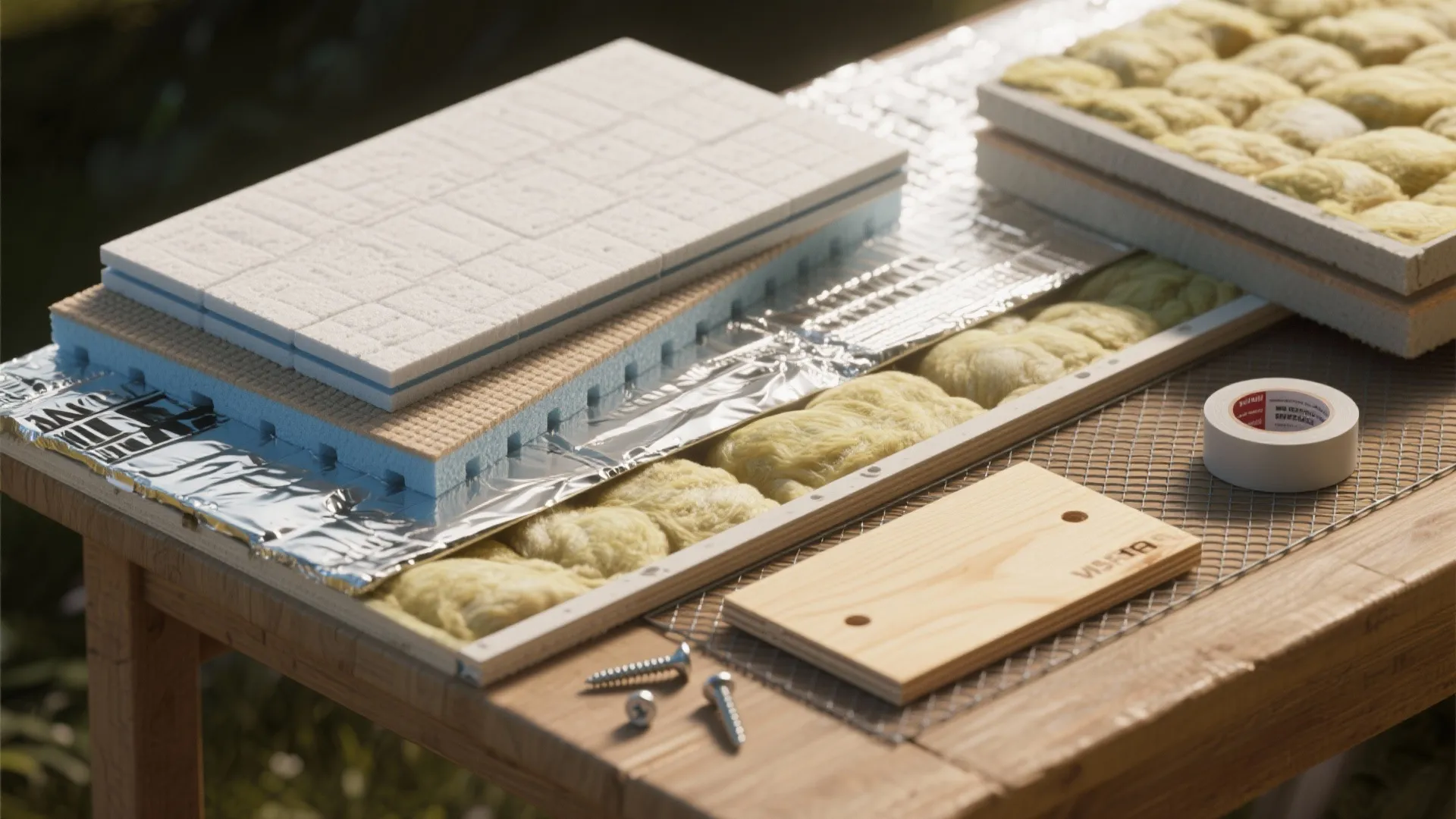 Various home insulation materials including foam boards foil tape screws and wood on a surface