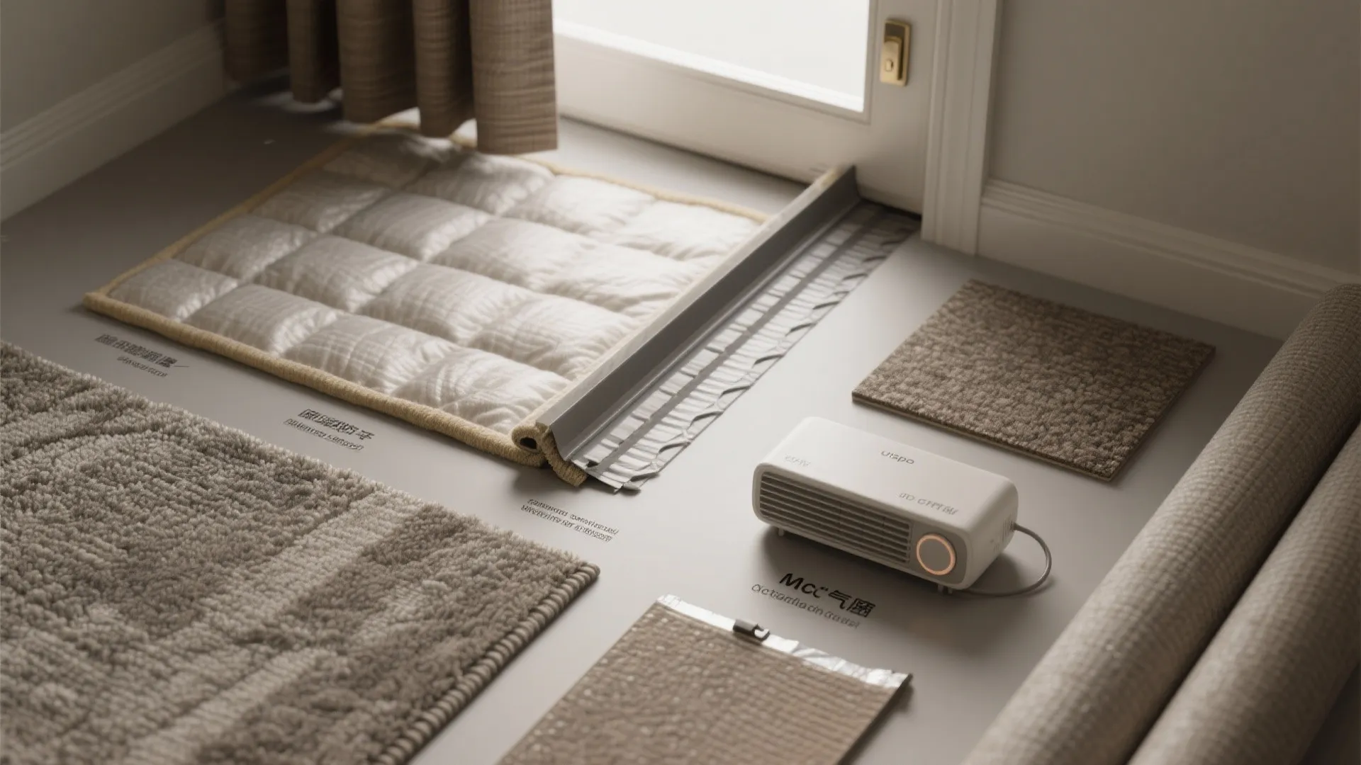 Various floor insulation materials like foam pads and fabric samples near a white portable heater