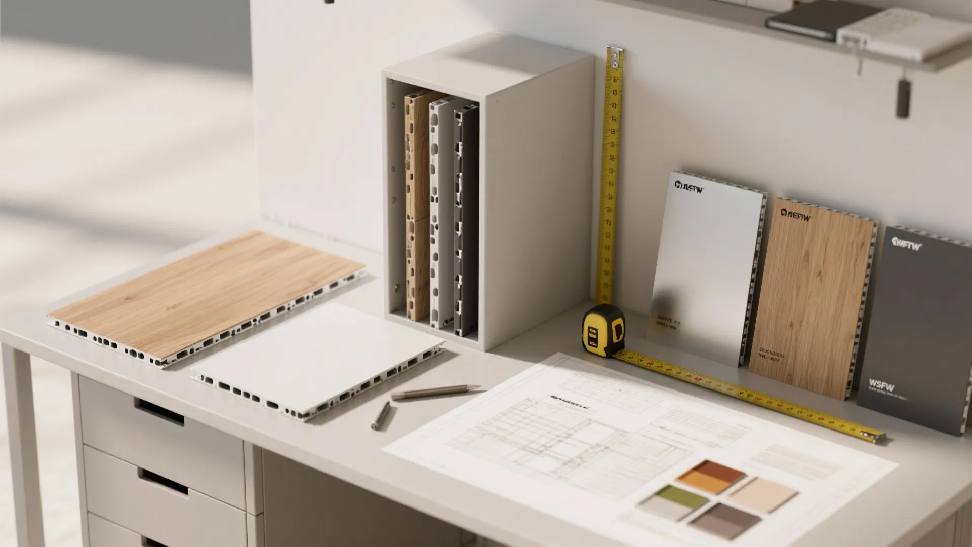 Flatlay of insulated panel samples and slim storage planning tools for a garage door retrofit
