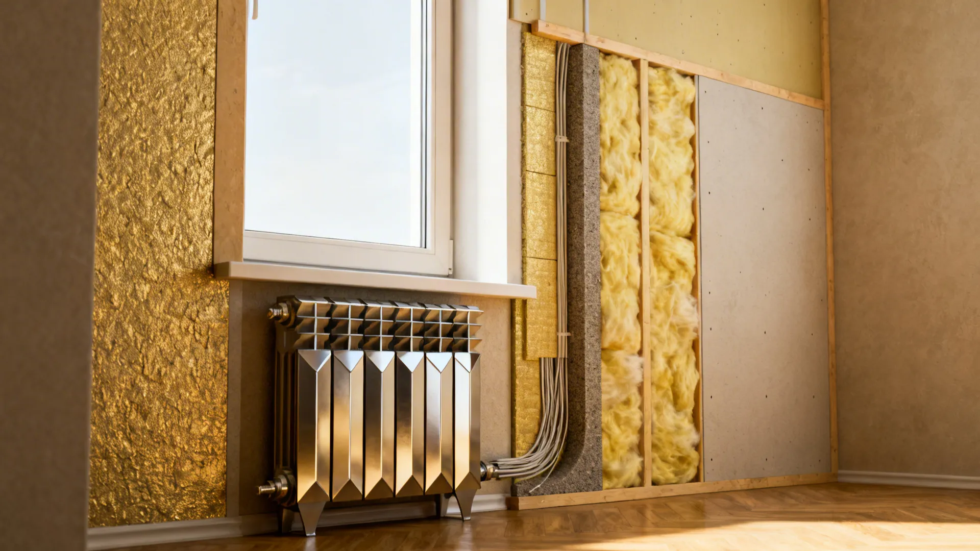 Window and wall detail showing insulation, energy-efficient glazing and a stylish radiator in a mountain home.