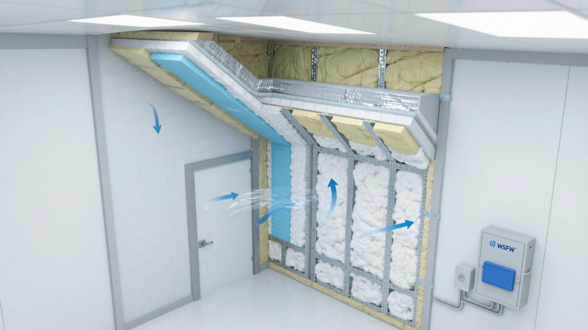 Interior design drawing of wall insulation layers with blue foam, white wool, and air arrows