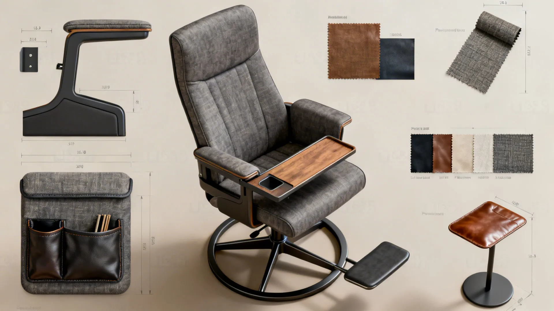 Top-down flatlay of integrated storage, attachable trays, and upholstery swatches for high-back swivel chairs.