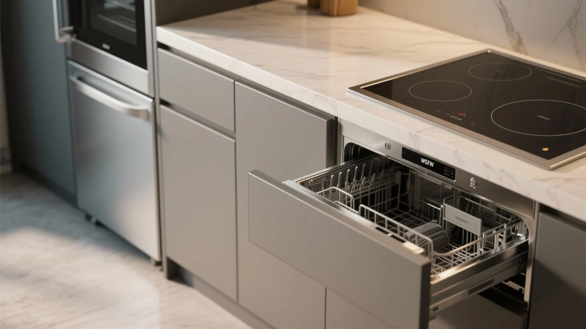 Grey kitchen cabinets under marble countertop with black electric stove and an open integrated dishwasher