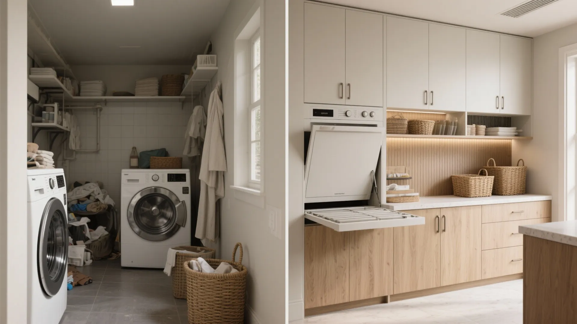 Before-and-after: cluttered laundry vs integrated appliance cabinets with a folding station.