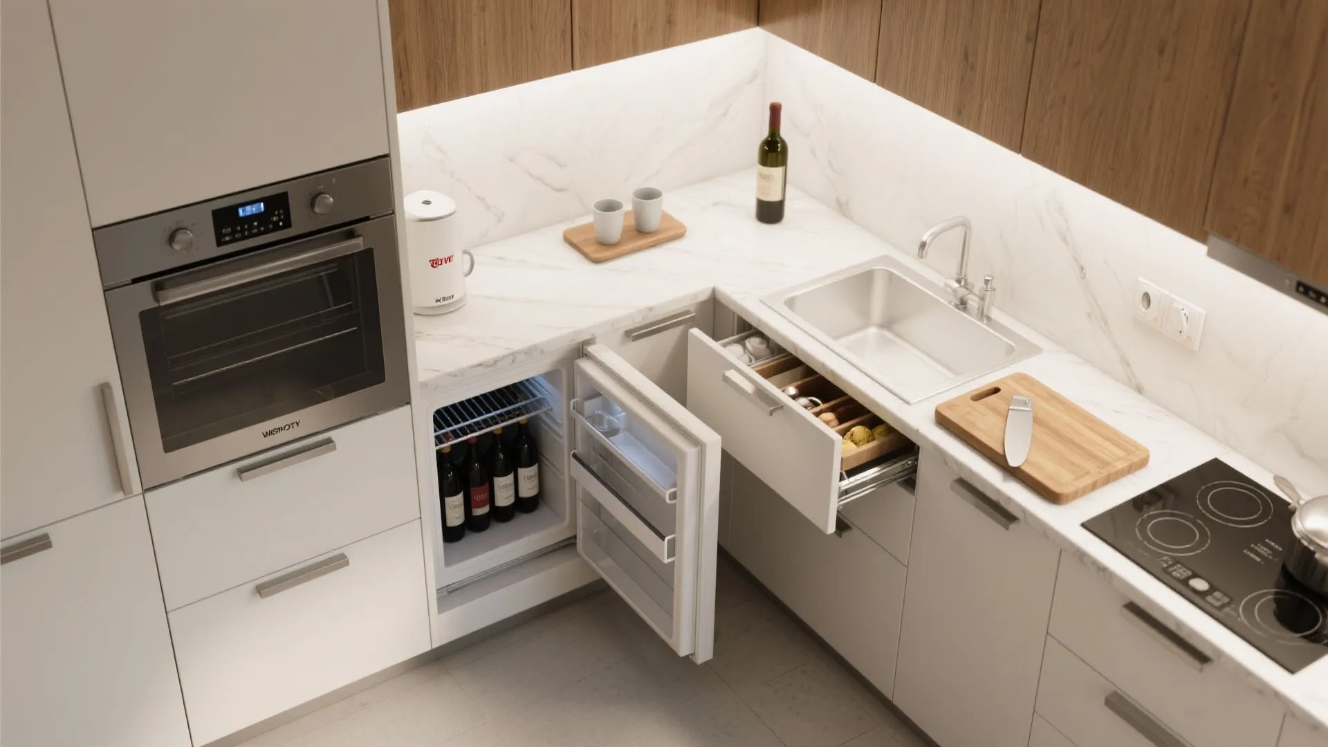 3. Appliance-Integrated Cabinet with Pull-out Surfaces