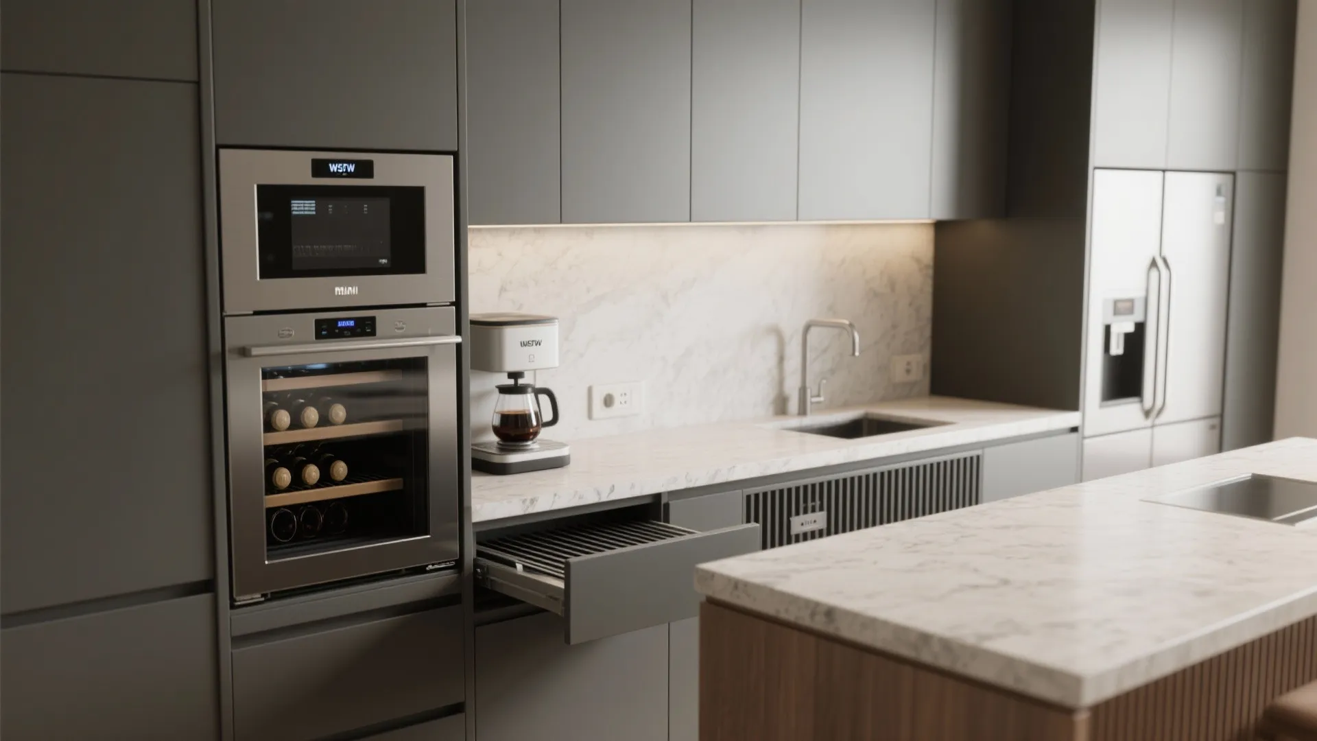 Modern grey kitchen cabinets with built in oven wine cooler coffee maker and marble island countertop